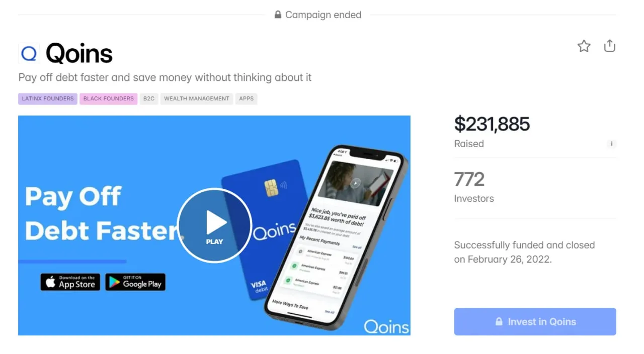 Crowdfunding-Seite von Qoins: 231.885 $ von 772 Investoren eingesammelt für die App zur Schuldentilgung