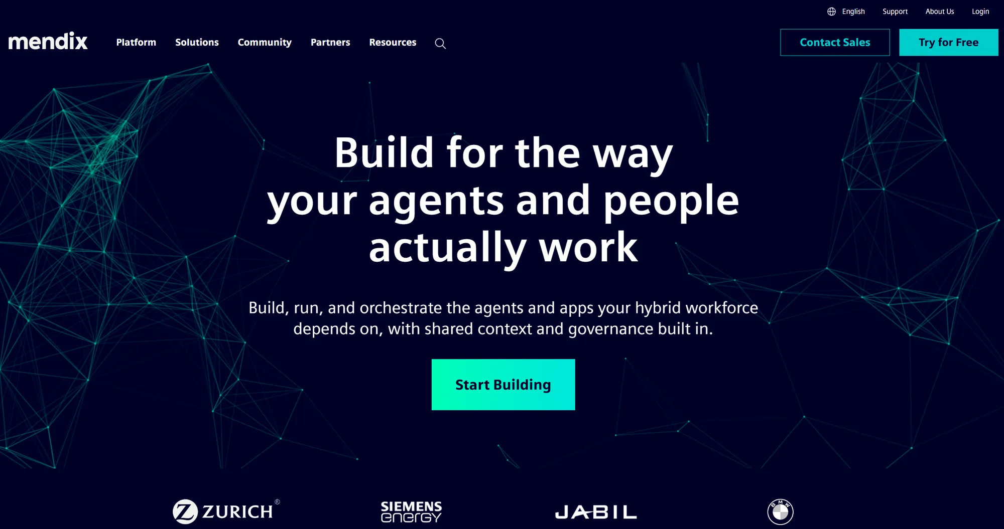 Mendix homepage: 'Build for the way your agents and people actually work' on a dark network background