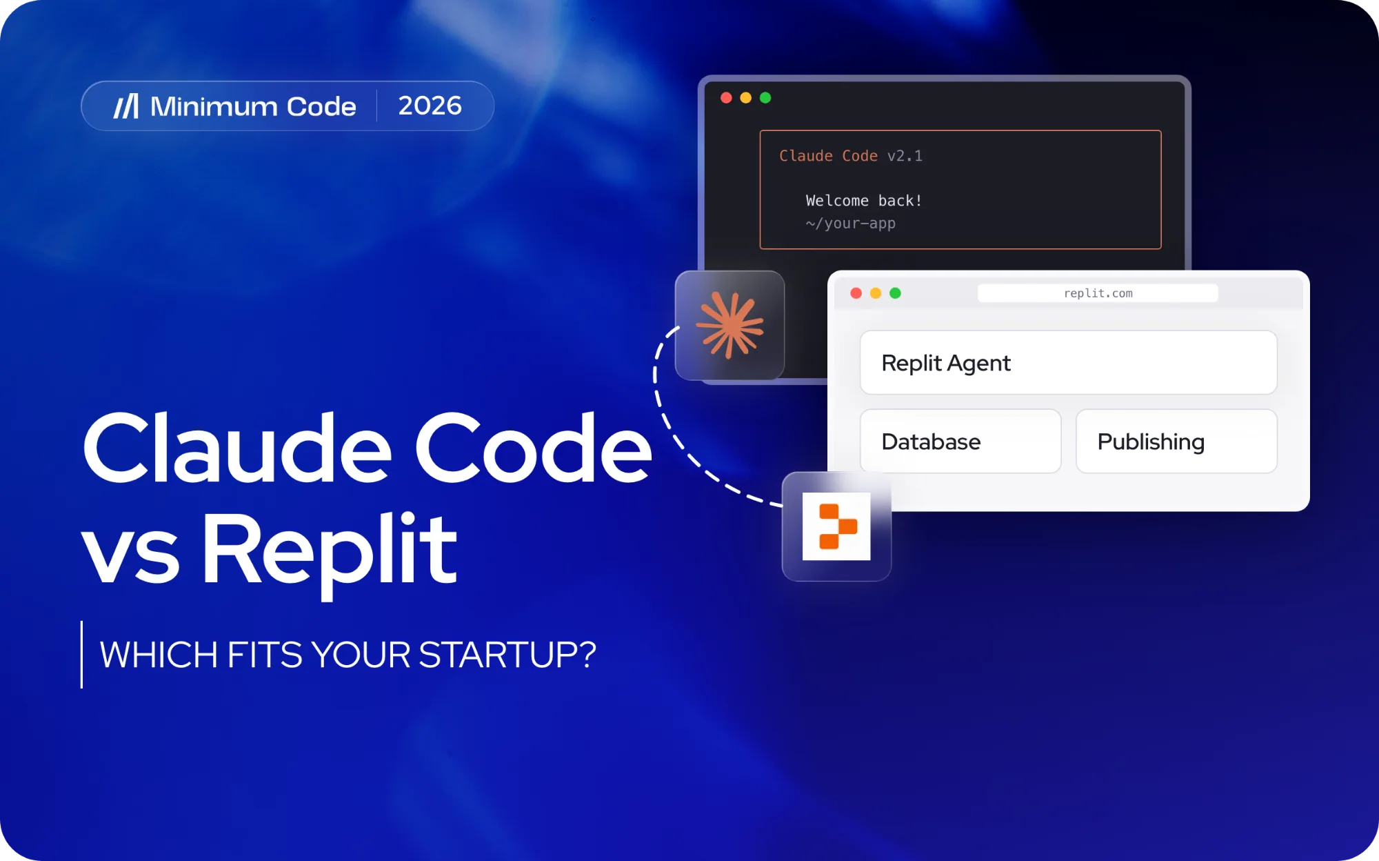 Claude Code terminal in your own repository next to a Replit workspace with Replit Agent, Database and Publishing, linked by the Claude and Replit logos