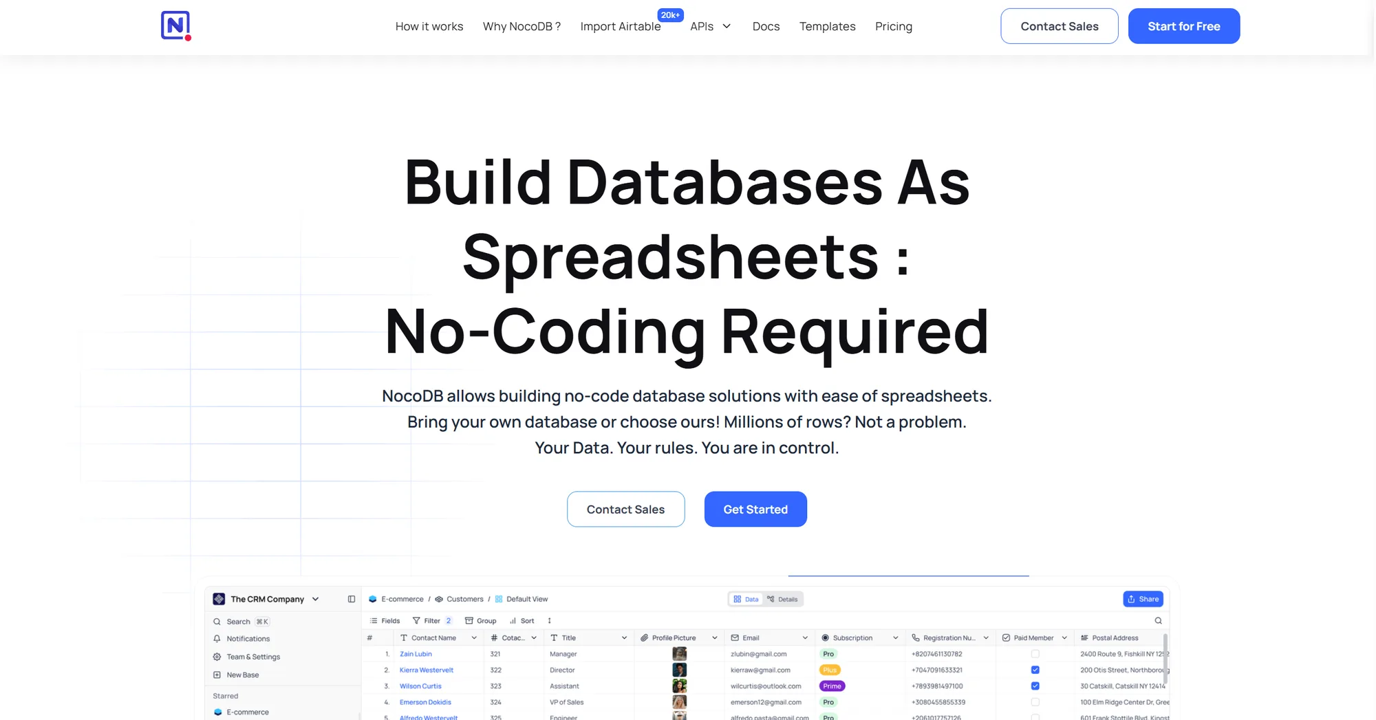 NocoDB homepage: 'Build databases as spreadsheets' with a CRM table preview showing contacts, titles and email columns