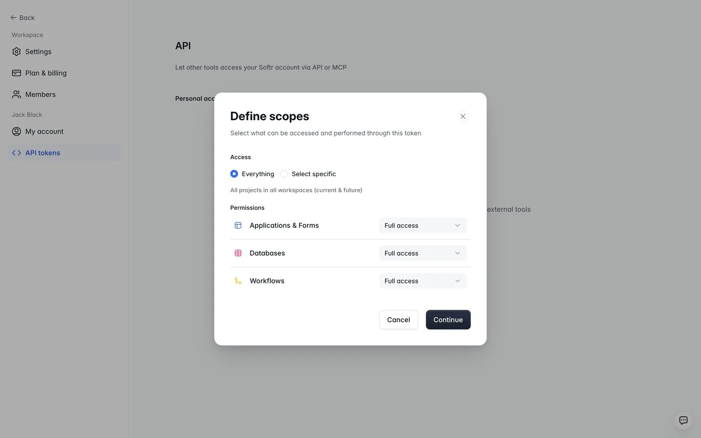 Softr's Define scopes dialog with Applications, Databases and Workflows permissions