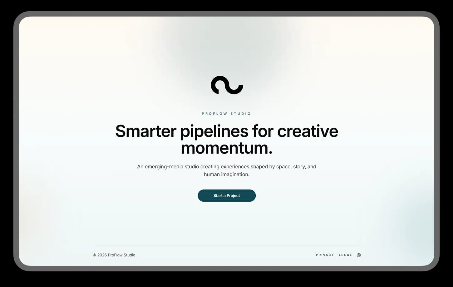 Proflow Studio homepage: minimal light page with a black logo and "Smarter pipelines for creative momentum" plus a Start a Project button