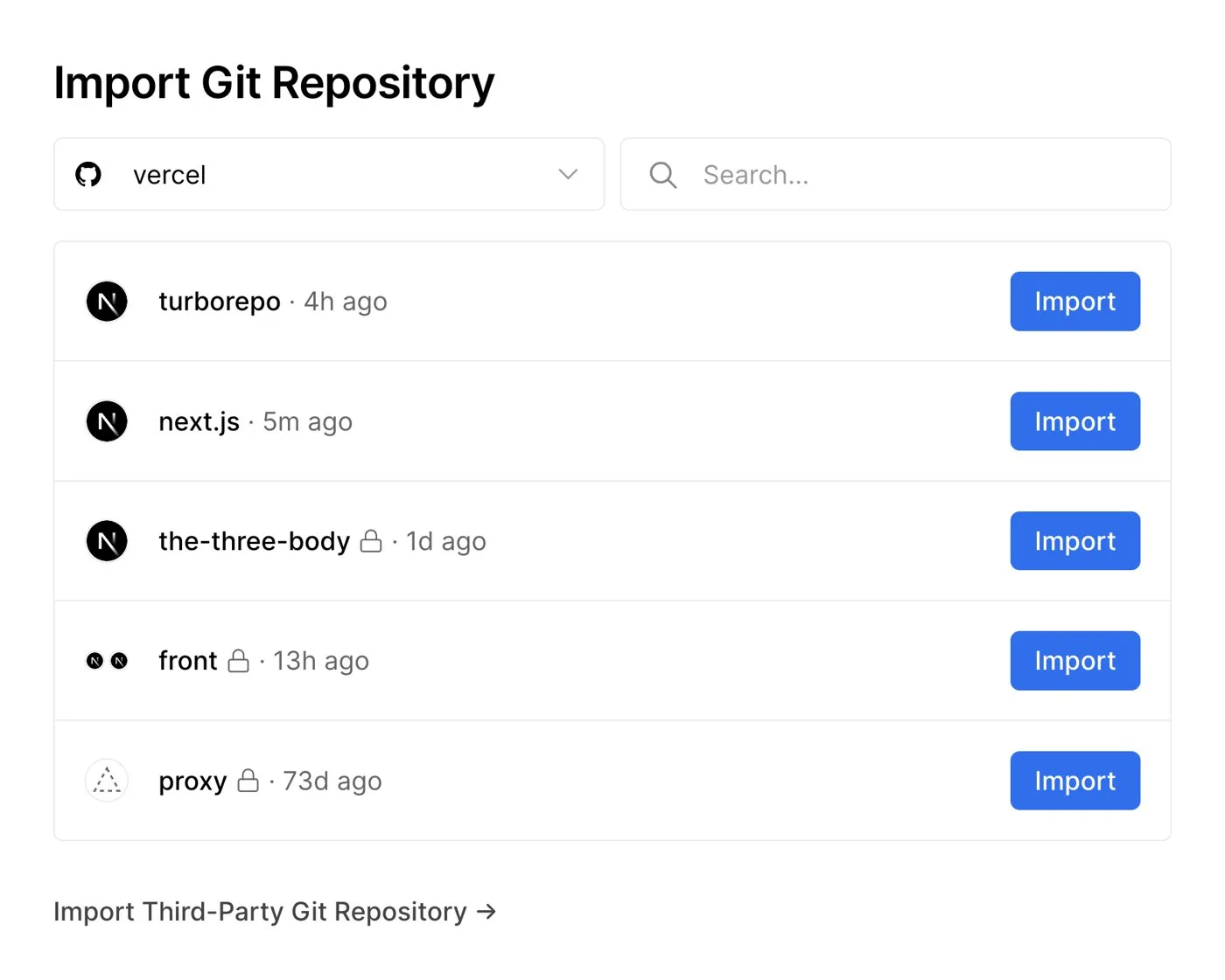 Vercel's Import Git Repository list