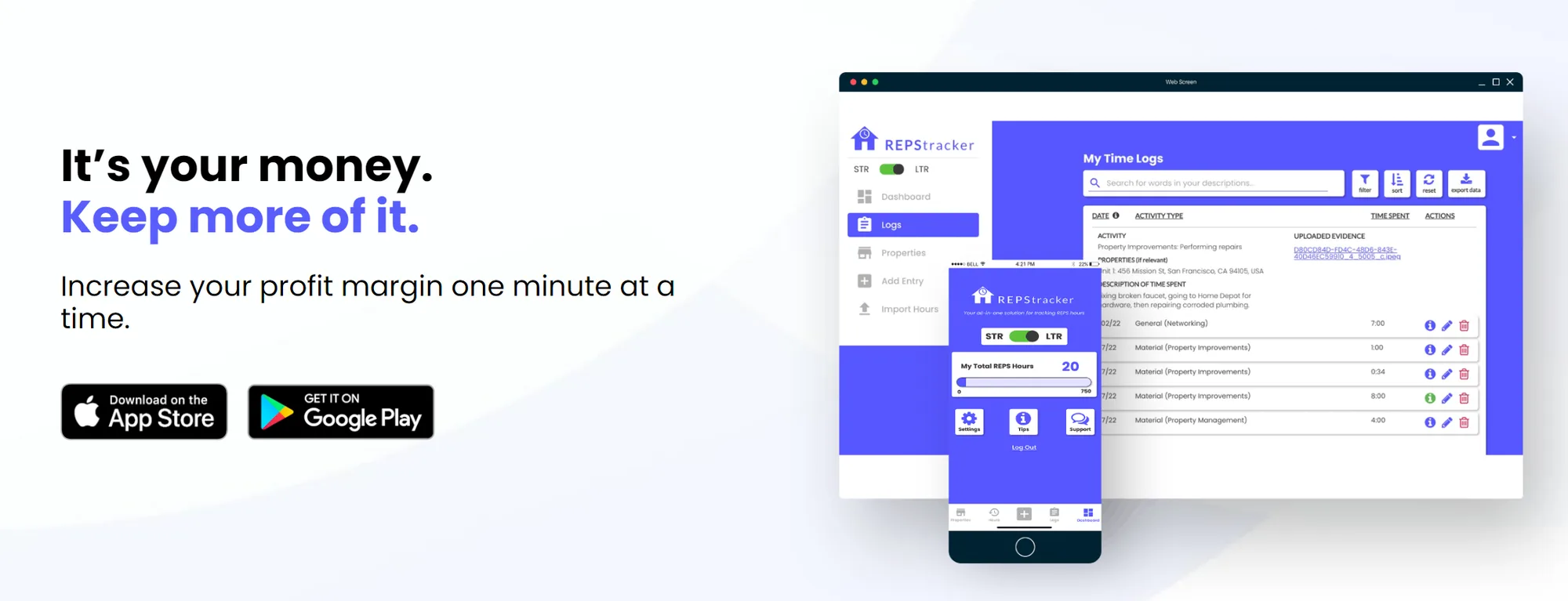 REPStracker landing page with a time-log dashboard, a mobile app view and App Store and Google Play buttons