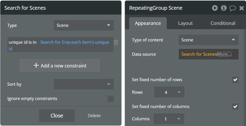 Bubble editor: a Search for Scenes constraint and a Repeating Group whose data source is that search, with 4 rows
