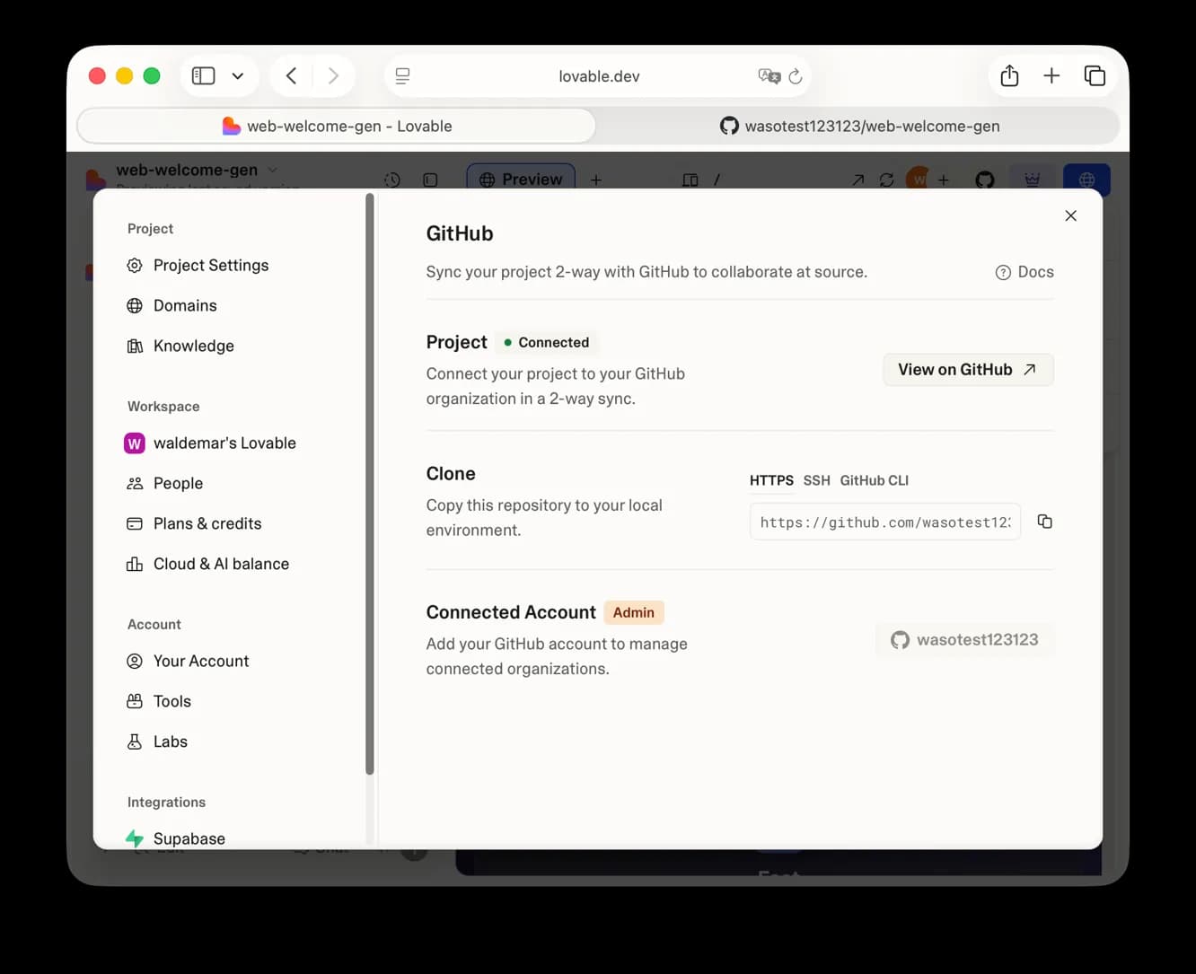 Lovable showing the project connected to GitHub, with the clone URL