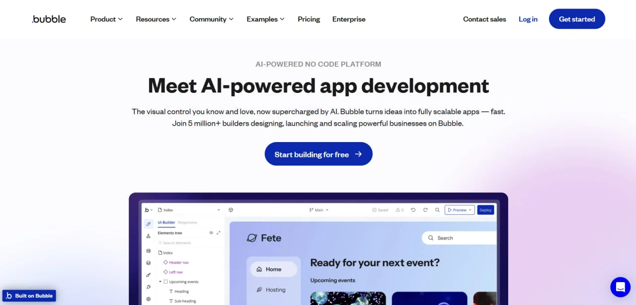 Die Bubble-Startseite mit visueller App-Entwicklung und dem App-Editor.