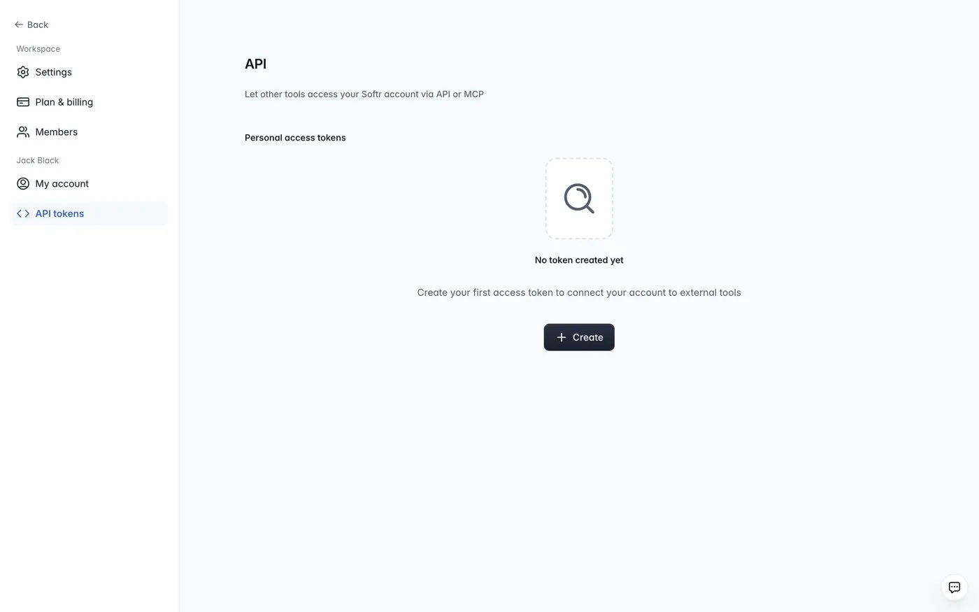 Softr's API tokens page with the Create button