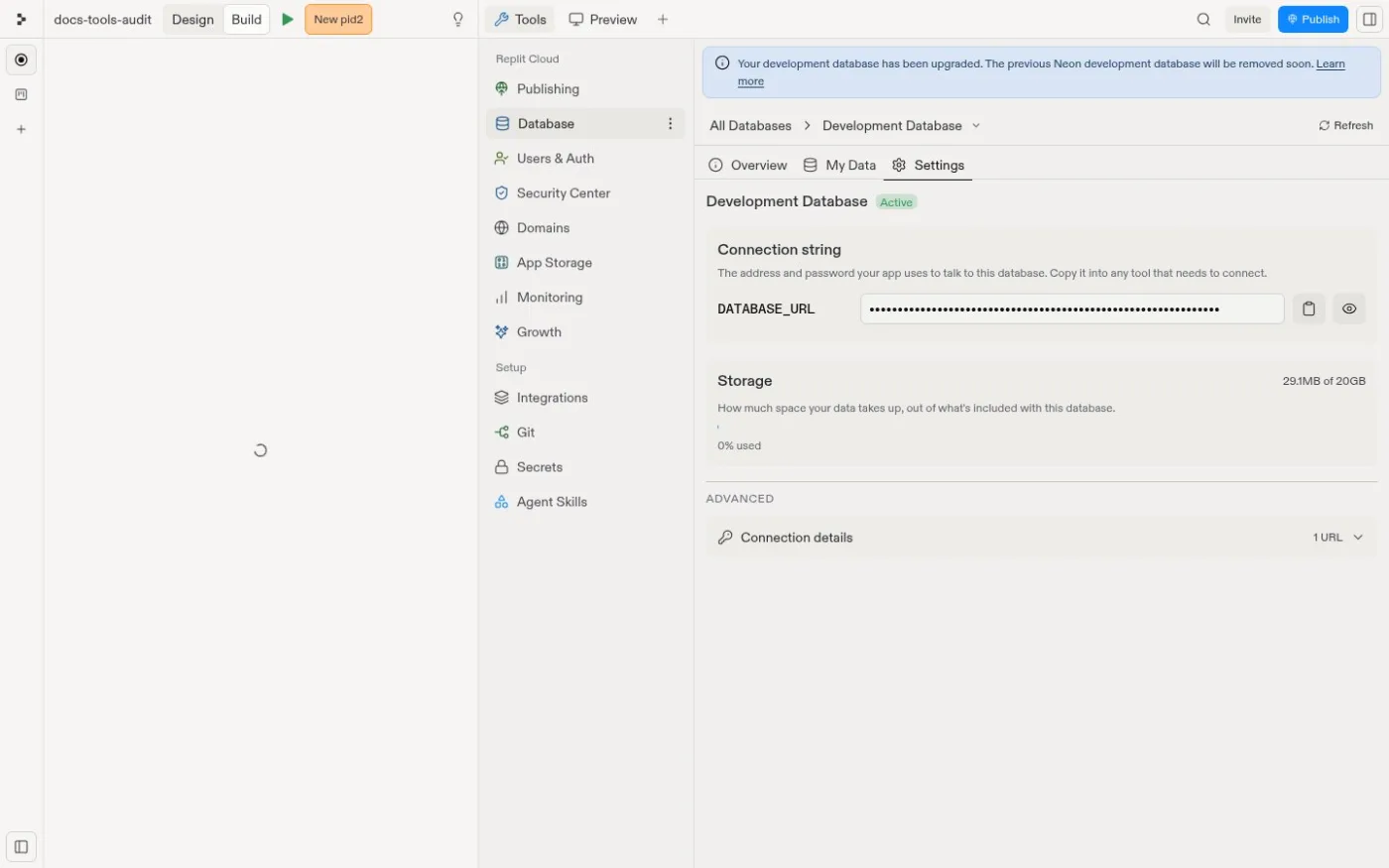Replit's Database settings tab with the DATABASE_URL connection string and the Tools list