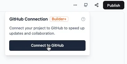 Base44's GitHub Connection panel with a Builder+ badge and the Connect to GitHub button