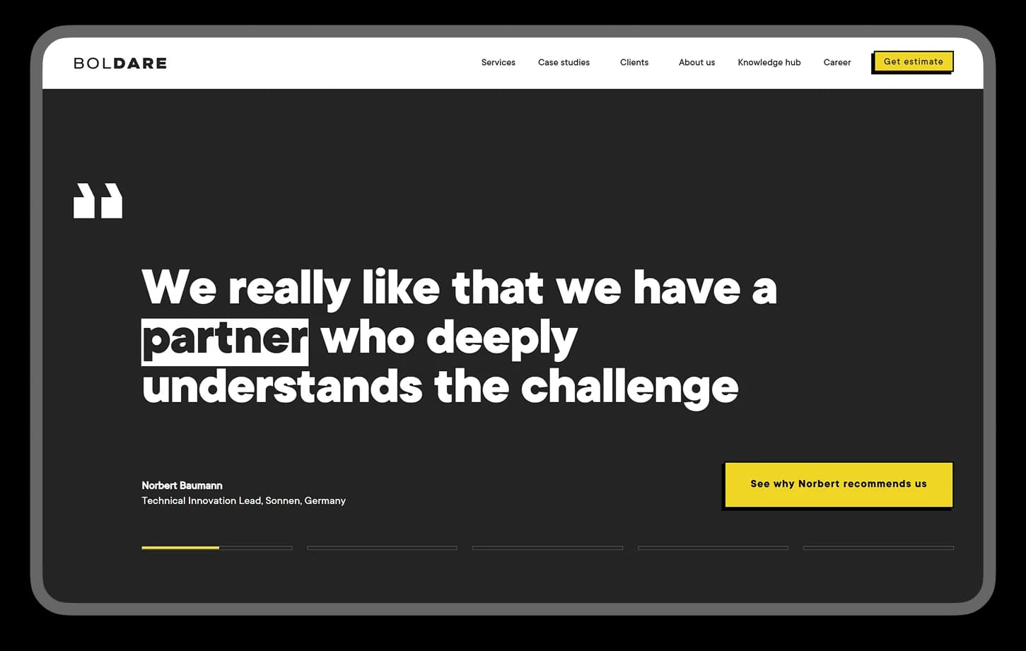 Boldare homepage with a client quote from Norbert Baumann about a partner who deeply understands the challenge