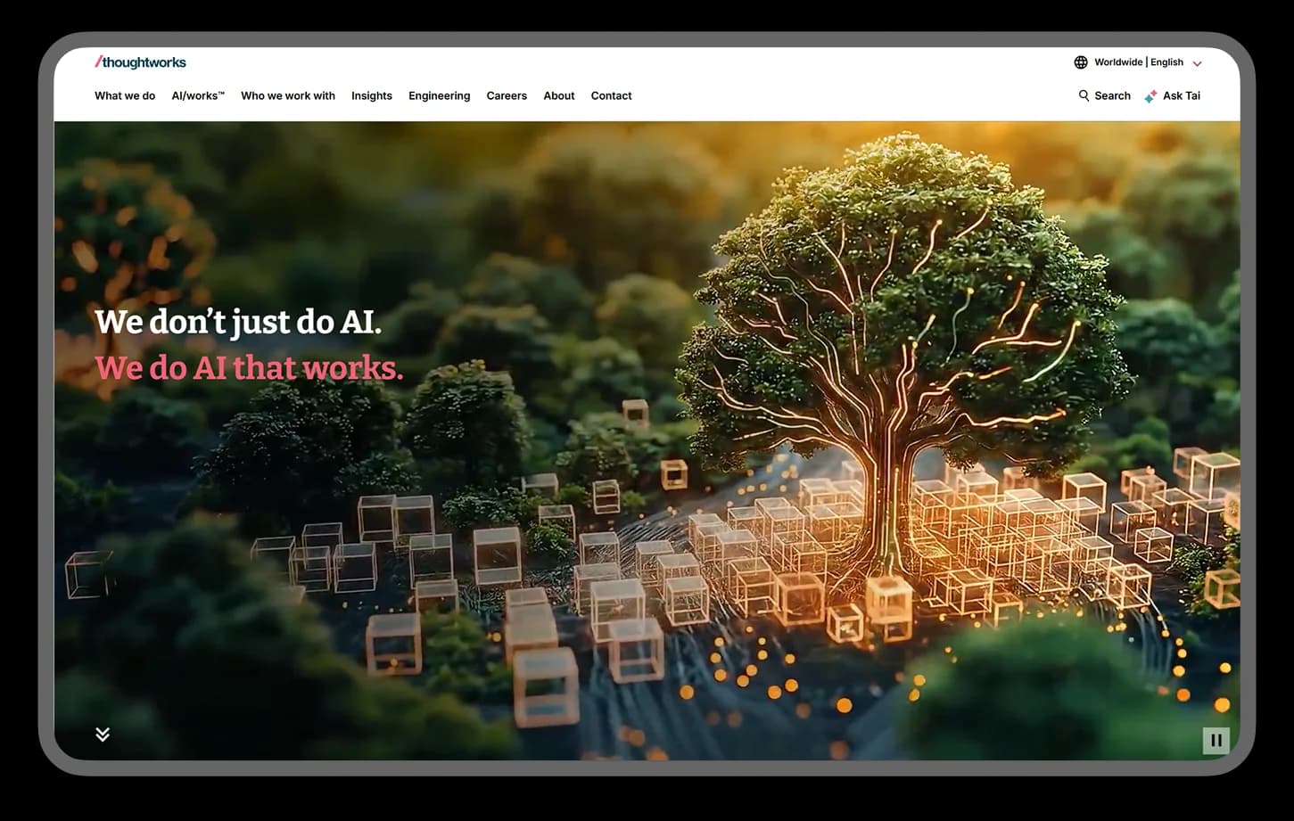 ThoughtWorks homepage hero: "We don't just do AI. We do AI that works." over a glowing circuit-board tree illustration