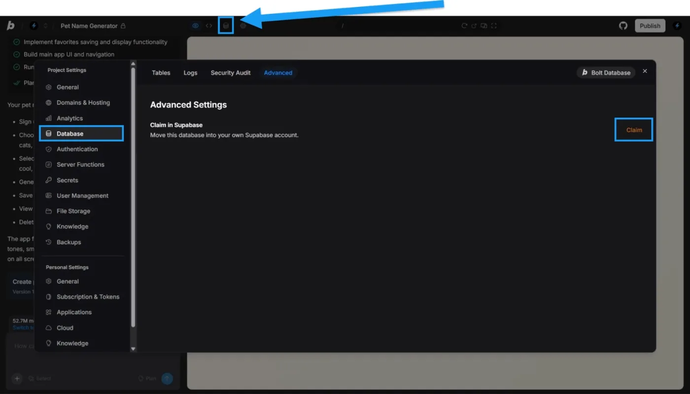 Bolt's database settings, Advanced tab, with the Claim in Supabase button