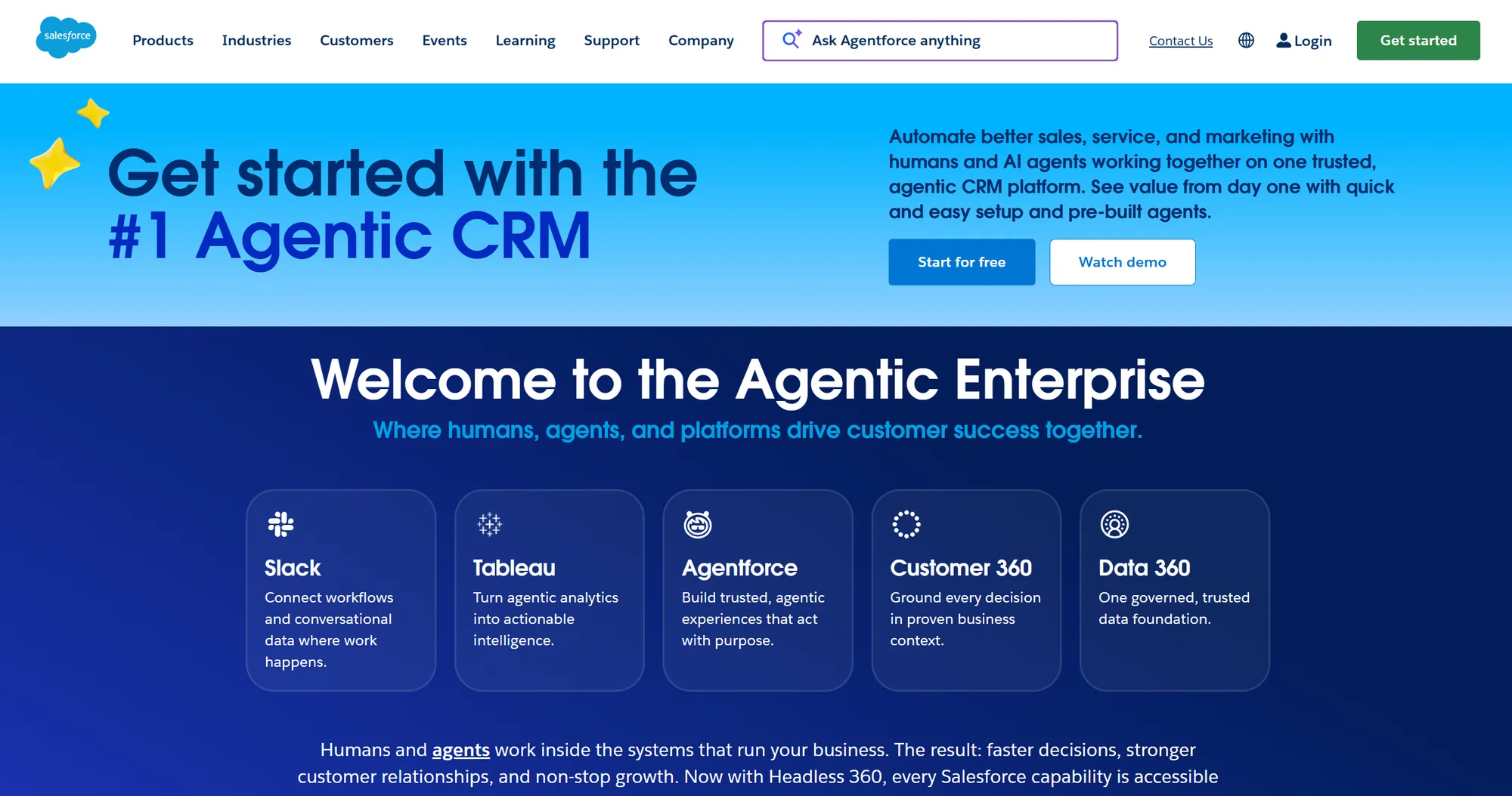 Salesforce homepage: 'Get started with the #1 Agentic CRM' above the 'Welcome to the Agentic Enterprise' product cards