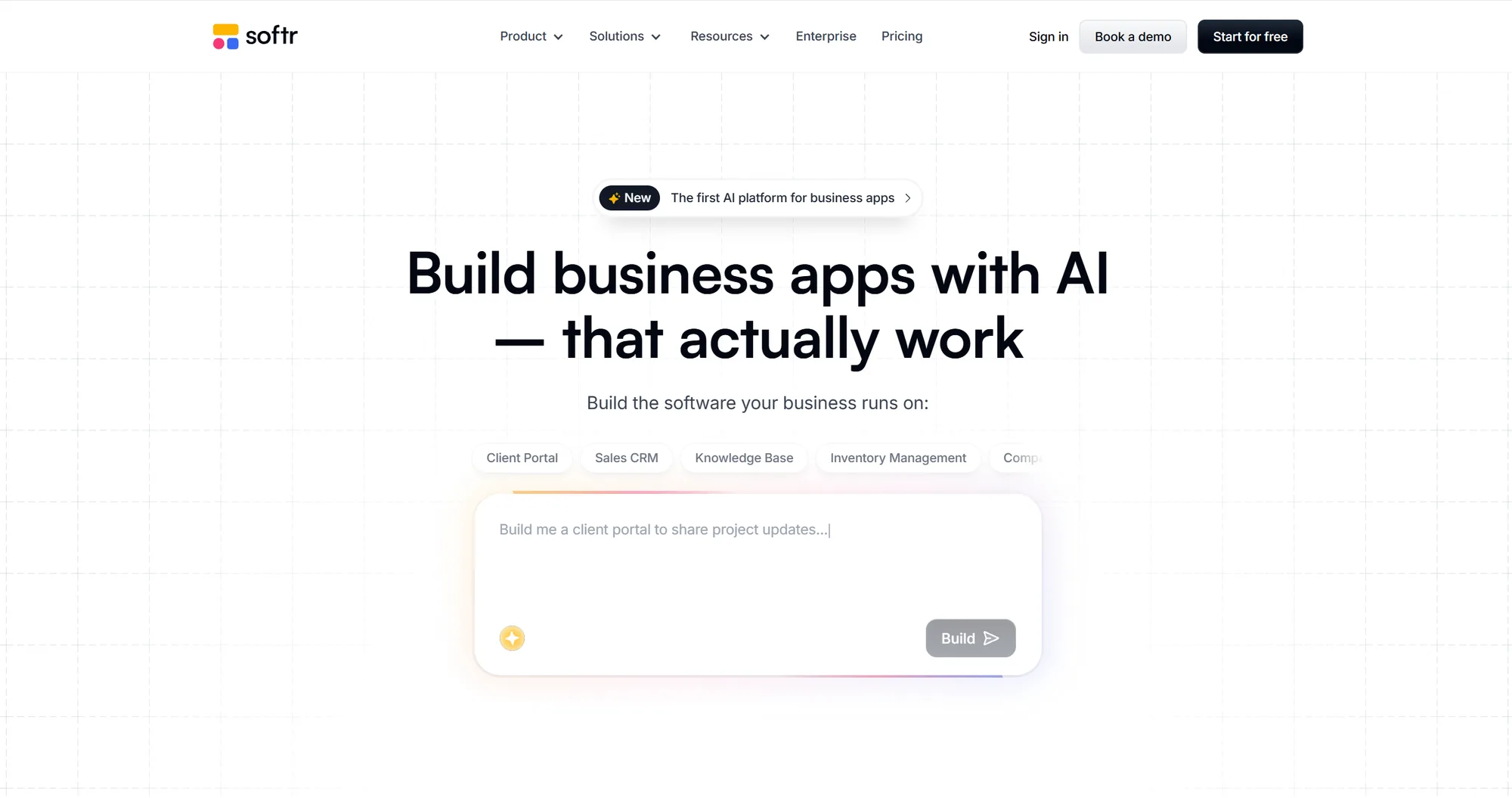 Softr homepage: 'Build business apps with AI, that actually work' with a prompt box and Client Portal and Sales CRM templates