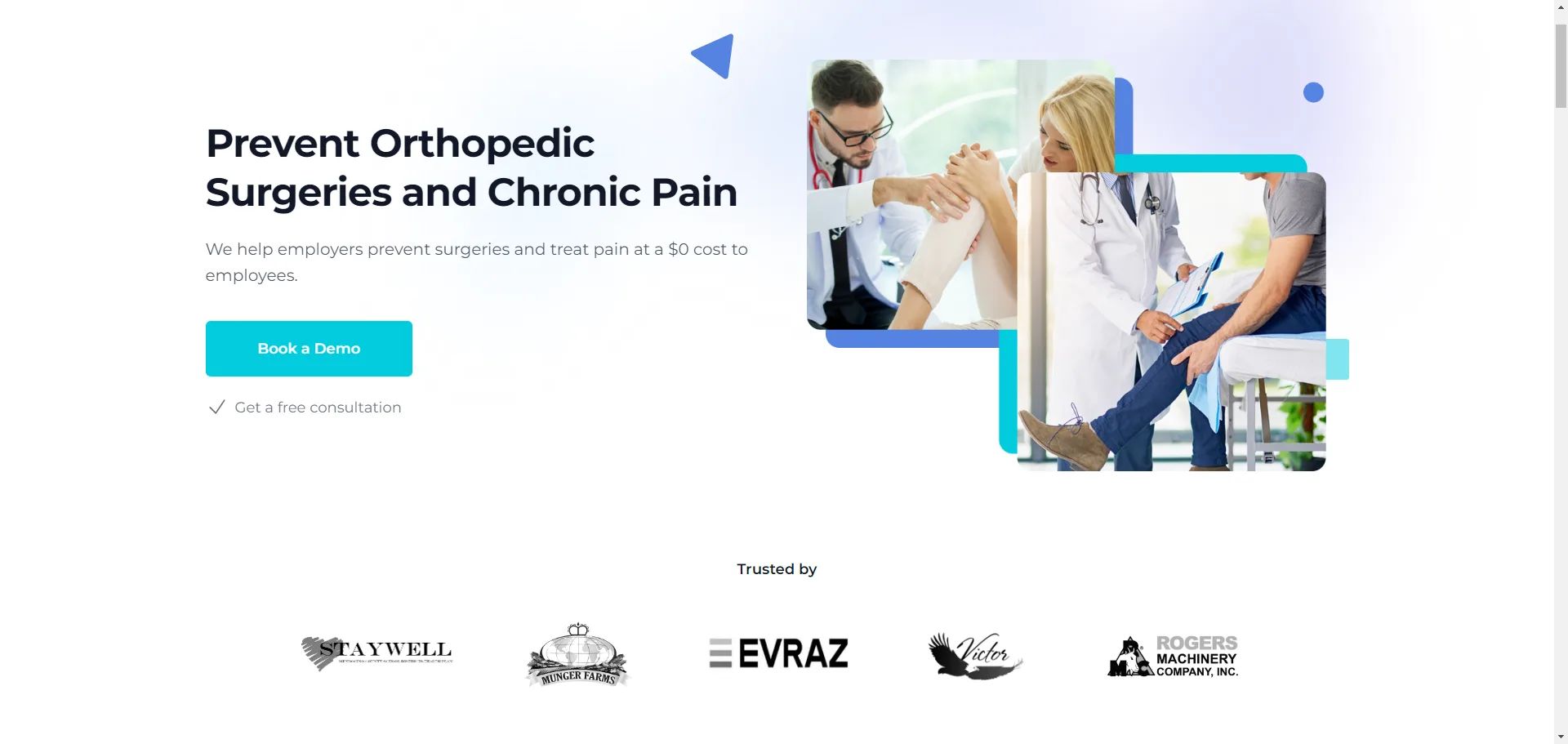 Homepage of a startup that prevents orthopedic surgeries, with a Book a Demo button and employer client logos