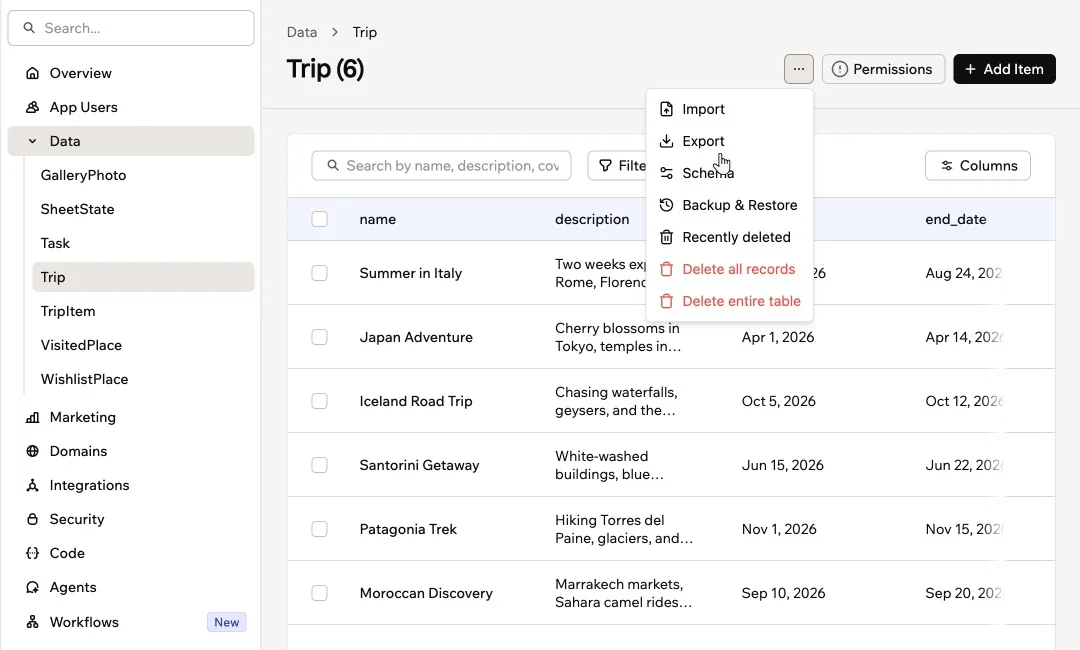 Base44 data table with the More actions menu open and Export highlighted