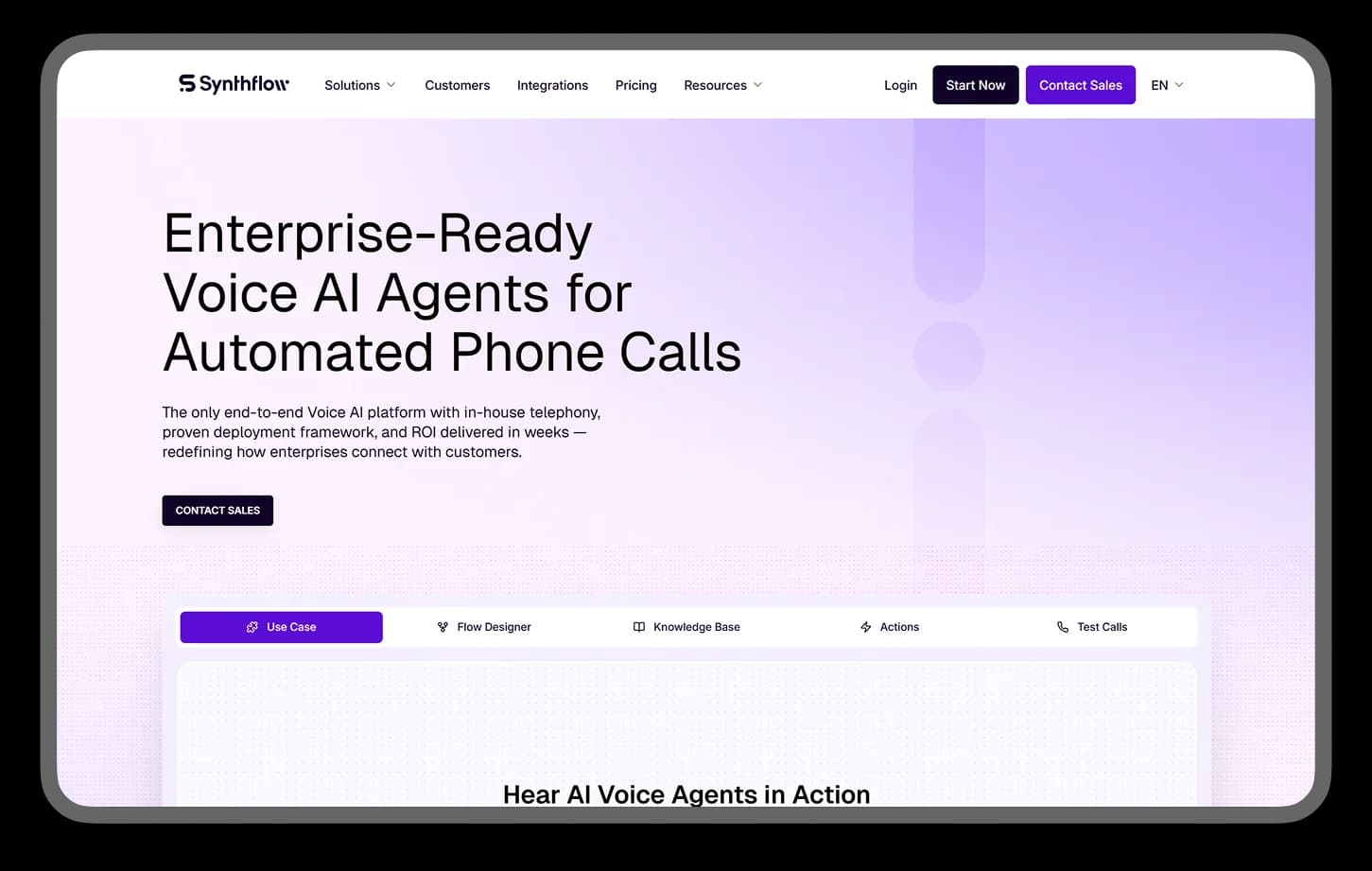 Synthflow AI homepage for automated phone calls