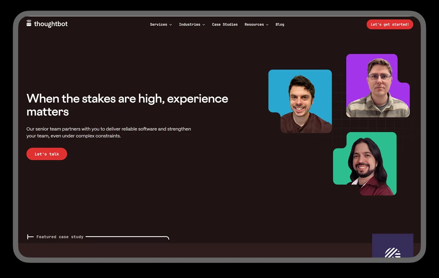 Thoughtbot homepage hero: "When the stakes are high, experience matters" with portraits of three team members on colored backgrounds