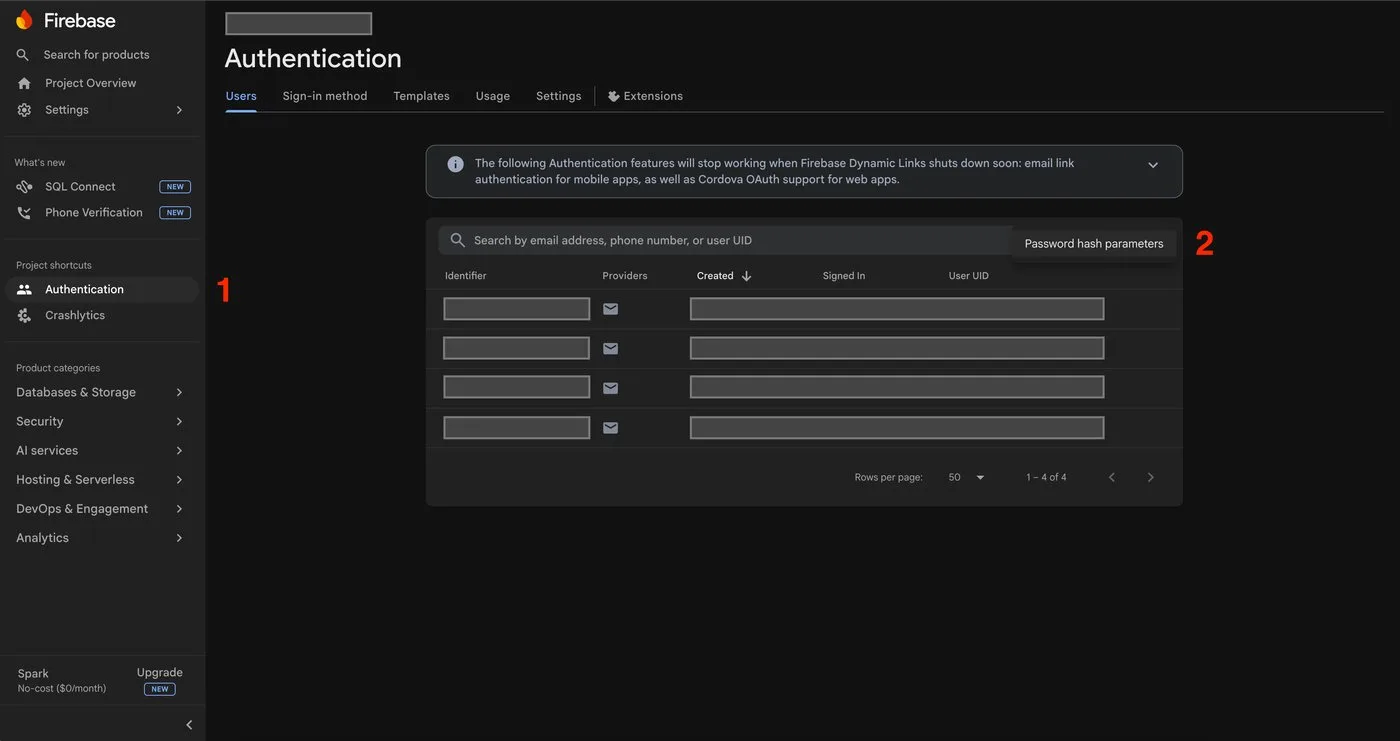 Firebase Authentication Users tab with the Password hash parameters menu item