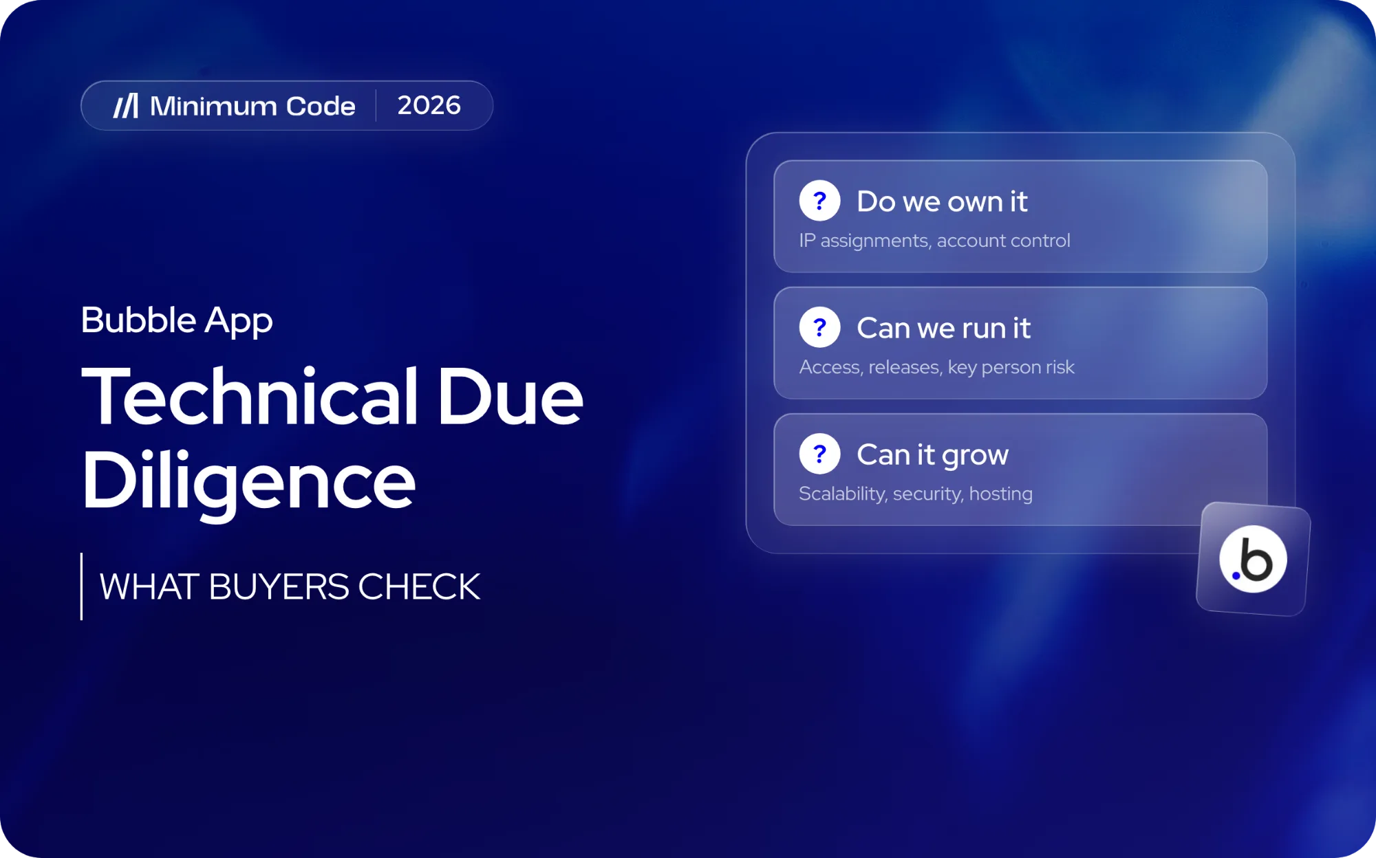 The three questions technical due diligence asks of a Bubble app: do we own it, can we run it, can it grow, with the Bubble logo