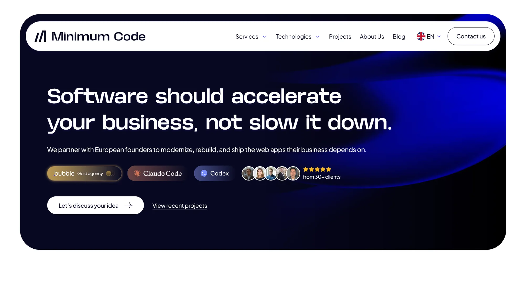 Minimum Code homepage: 'Software should accelerate your business, not slow it down' with Bubble Gold agency badge