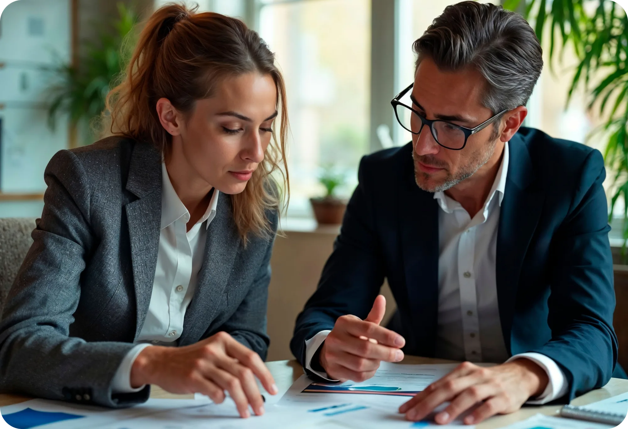 Two colleagues in blazers reviewing printed charts and documents together at a table to compare platform options
