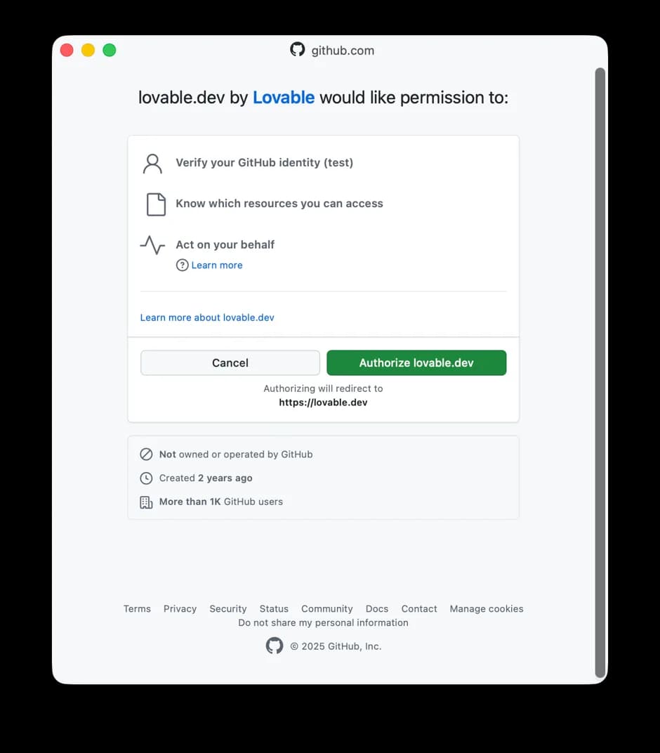 GitHub asking permission to authorise Lovable