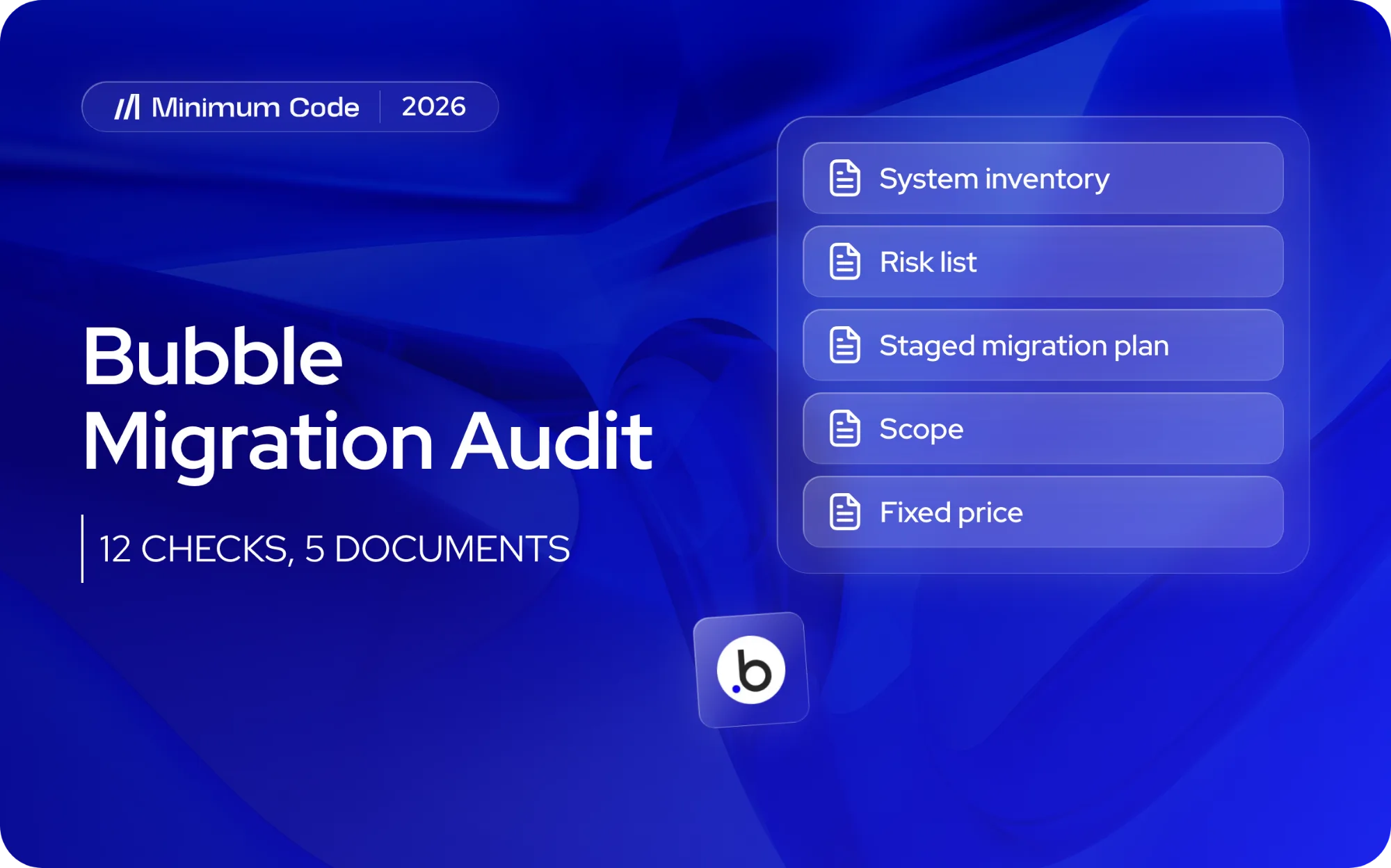 The five documents a Bubble migration audit delivers: system inventory, risk list, staged migration plan, scope and fixed price, with the Bubble logo