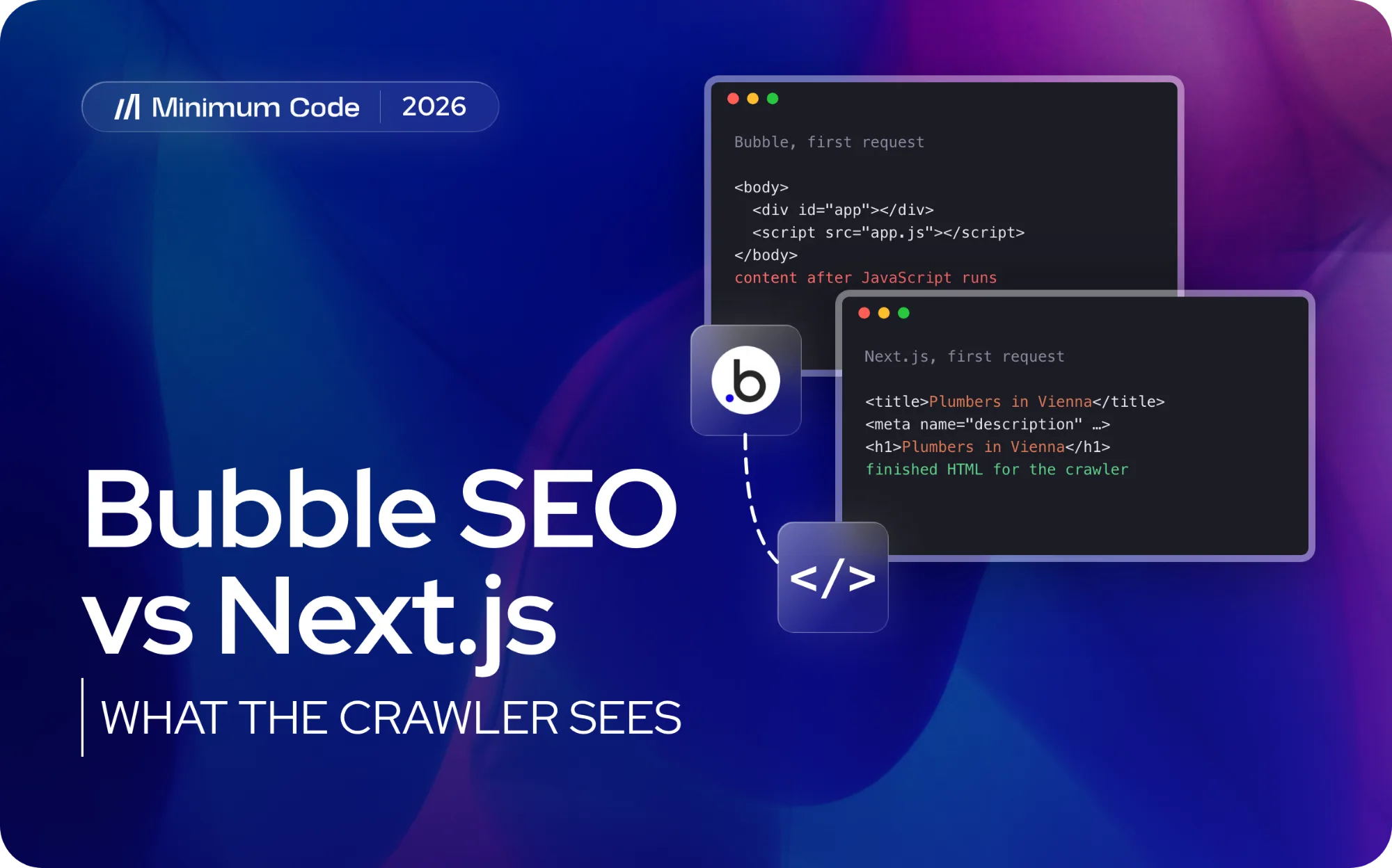 What a crawler gets on the first request: a Bubble page as an empty app shell filled in by JavaScript, and a Next.js page as finished HTML with its own title and description