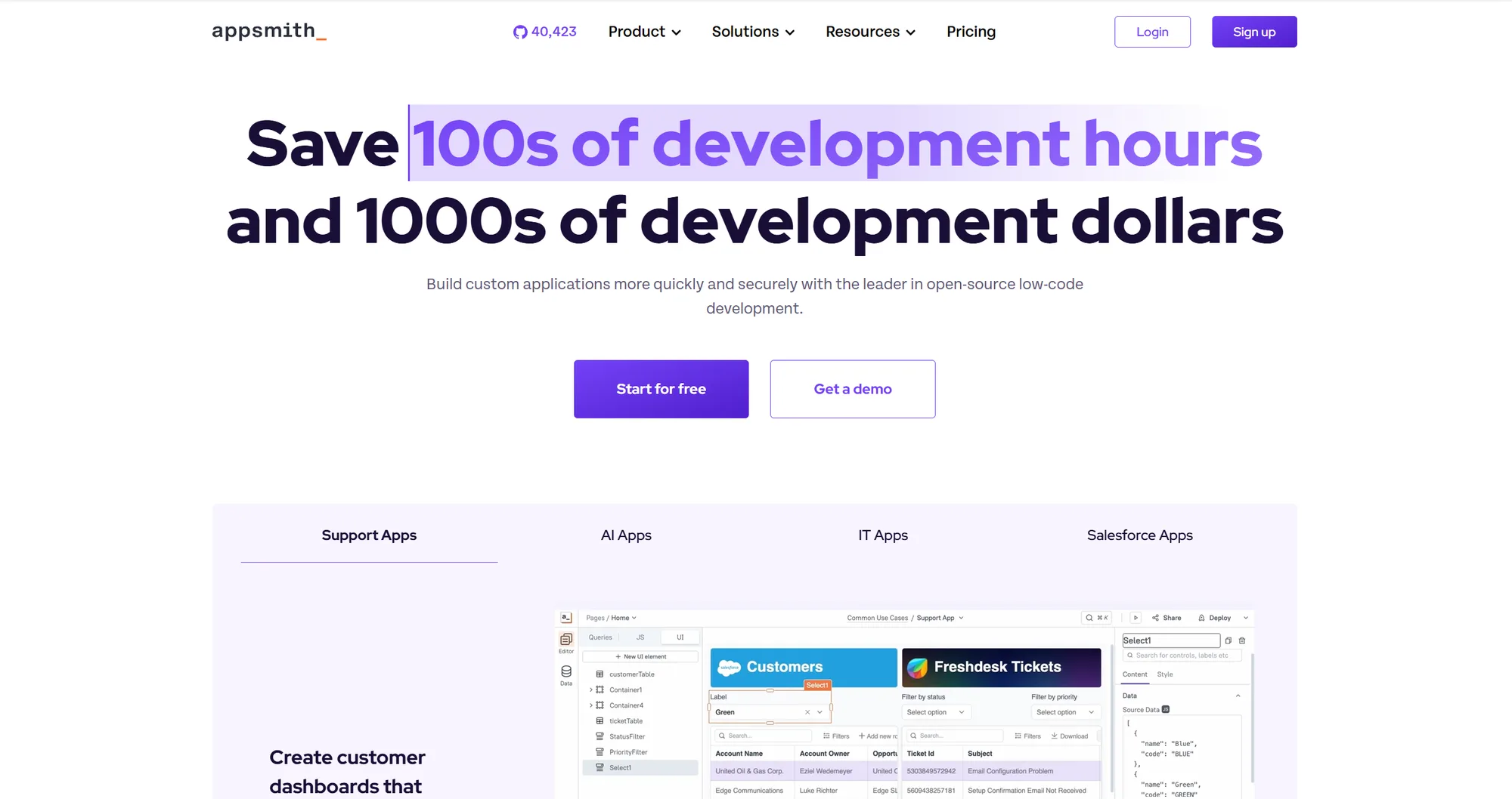 Appsmith homepage: 'Save 100s of development hours and 1000s of development dollars' with an open-source app builder preview