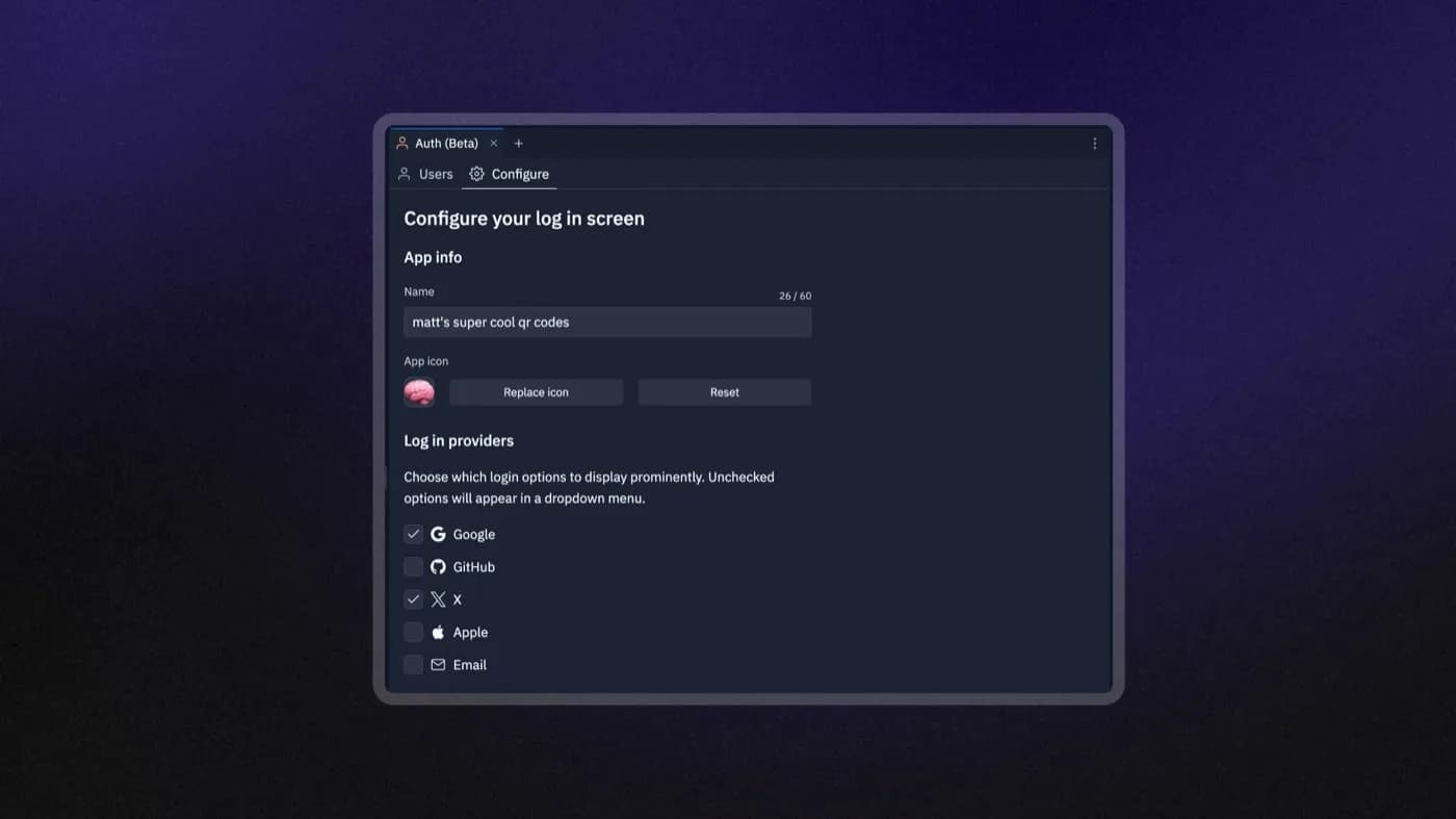 Replit's Auth pane for configuring the login screen and its providers