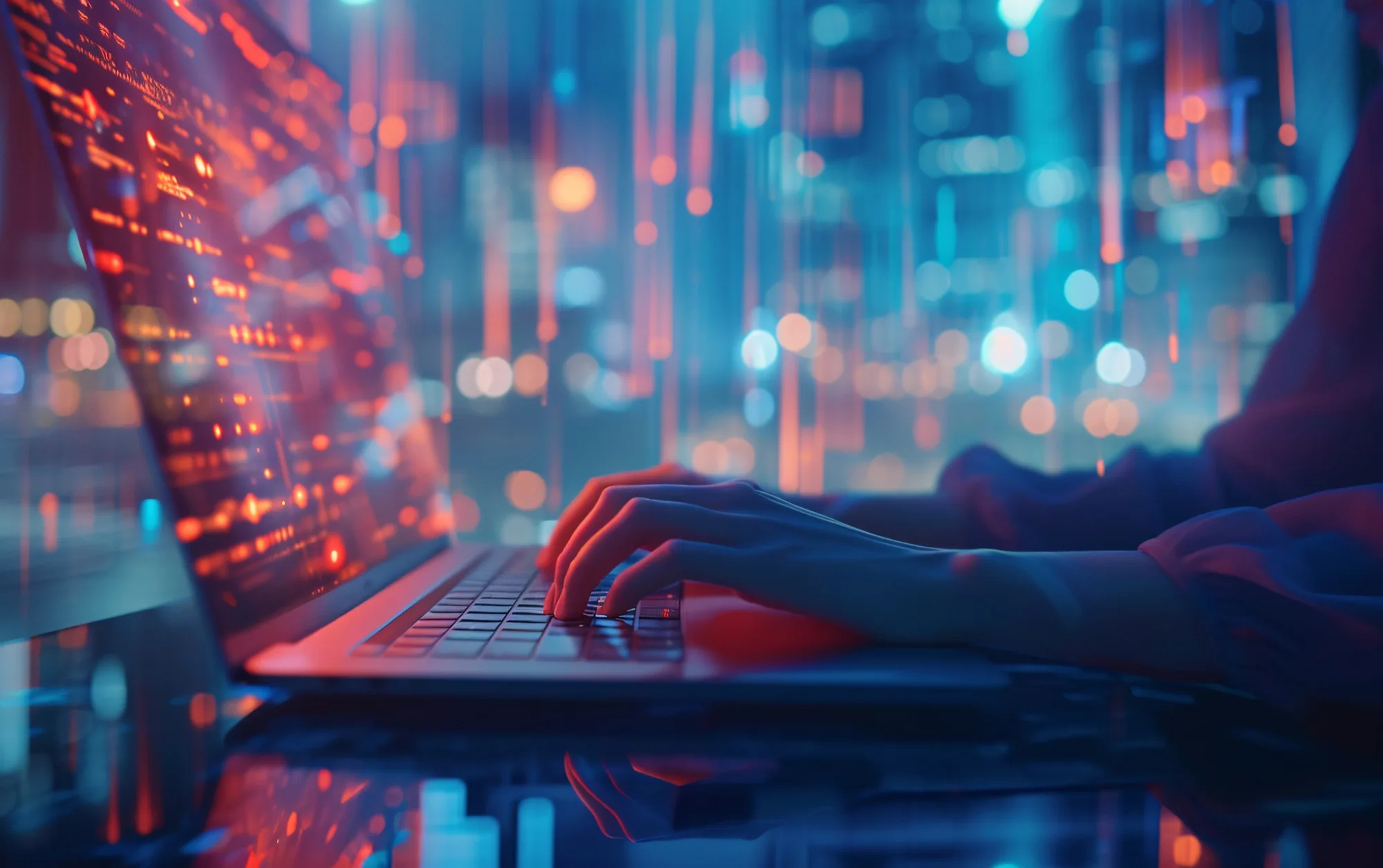 Hände tippen auf einem Laptop mit Code auf dem Bildschirm.