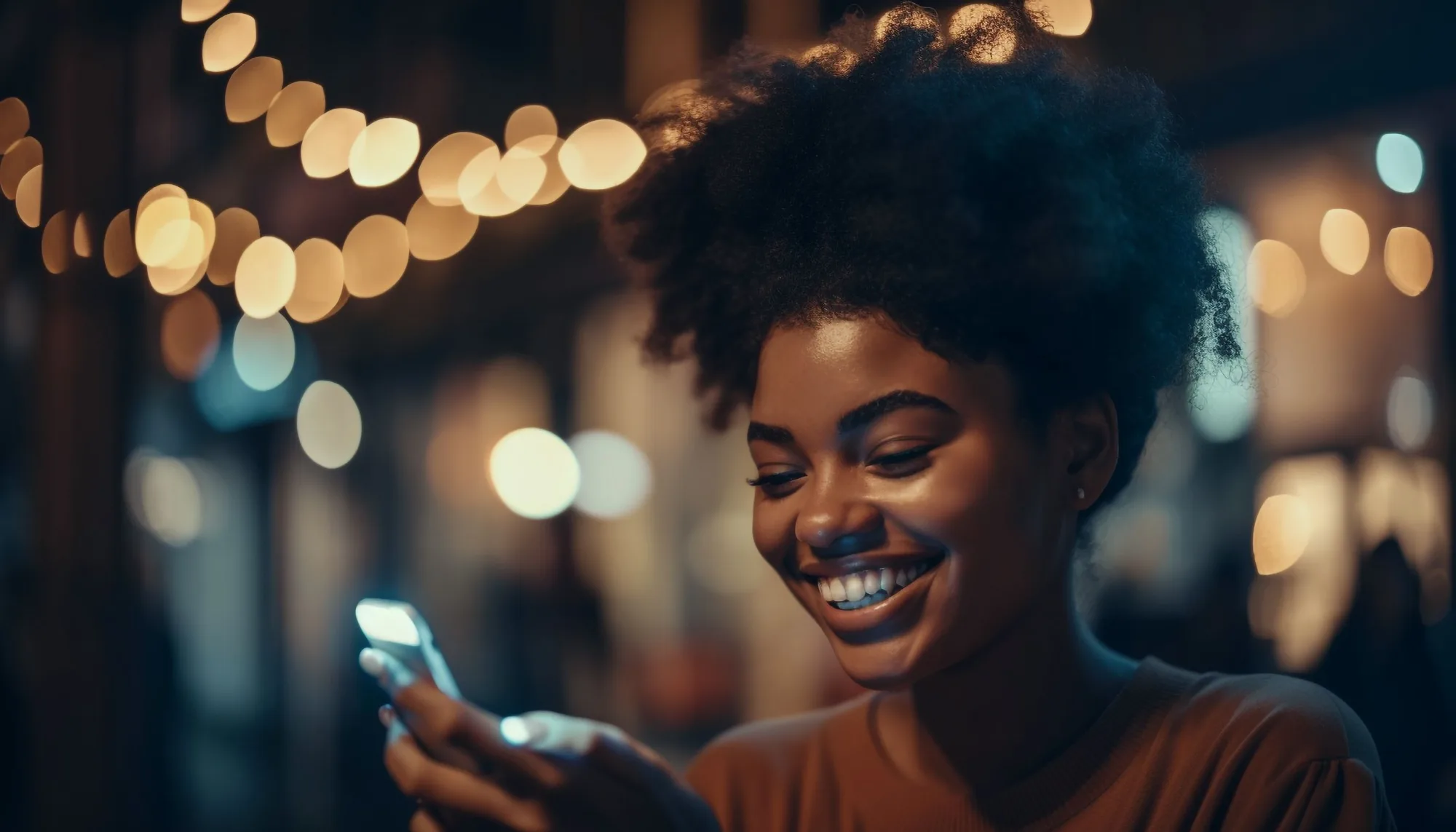 Smiling young woman looking at her smartphone against warm, blurred string lights, reacting to a new app