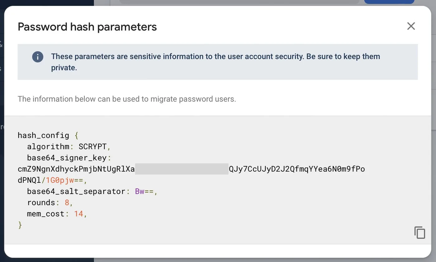 Firebase's Password hash parameters dialog showing the scrypt settings