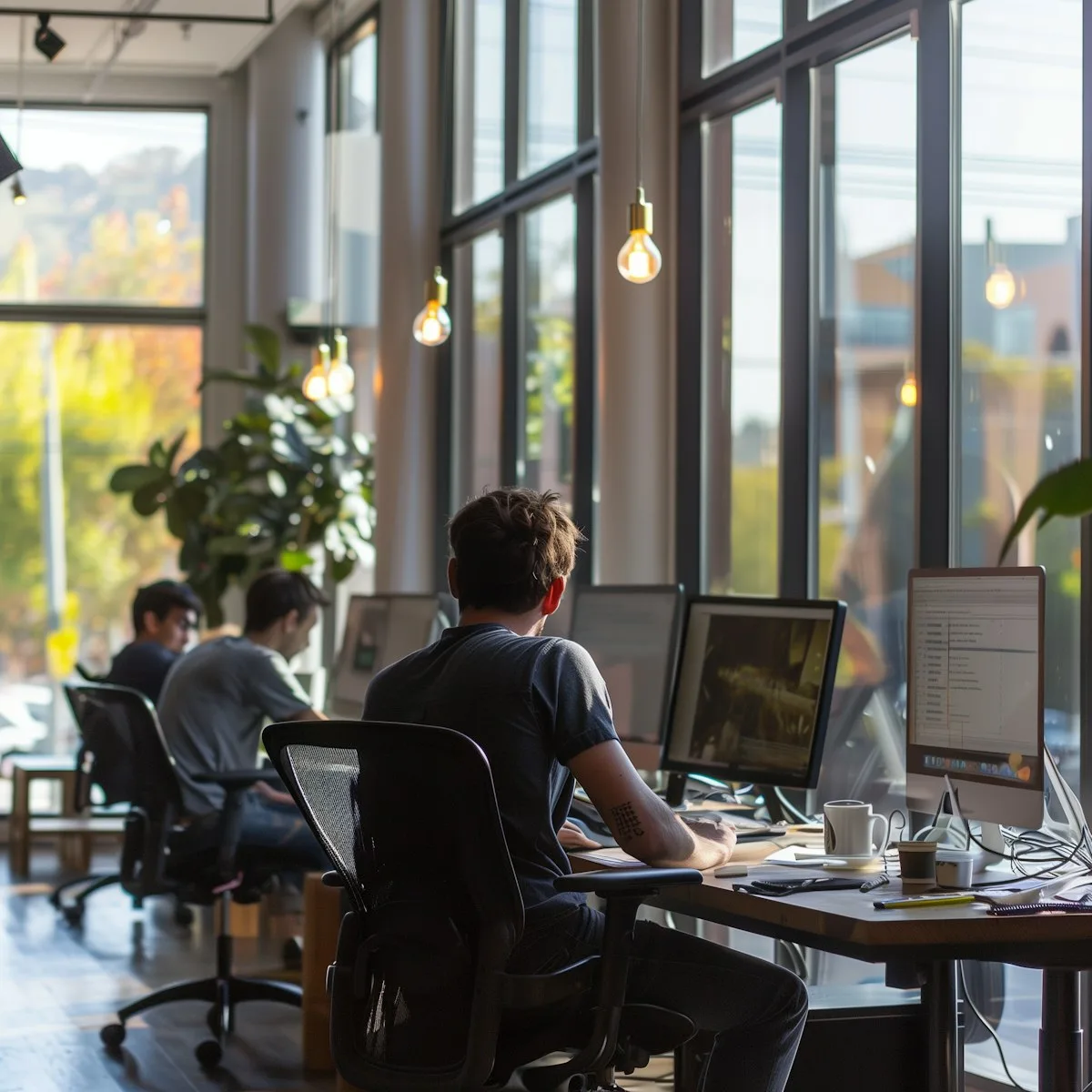 Mensen werken aan computers in een gedeelde kantoorruimte.