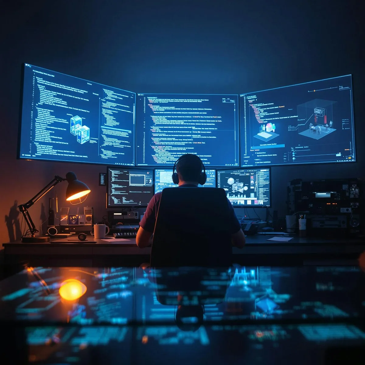 Entwickler an einem Schreibtisch mit mehreren Bildschirmen mit Code.
