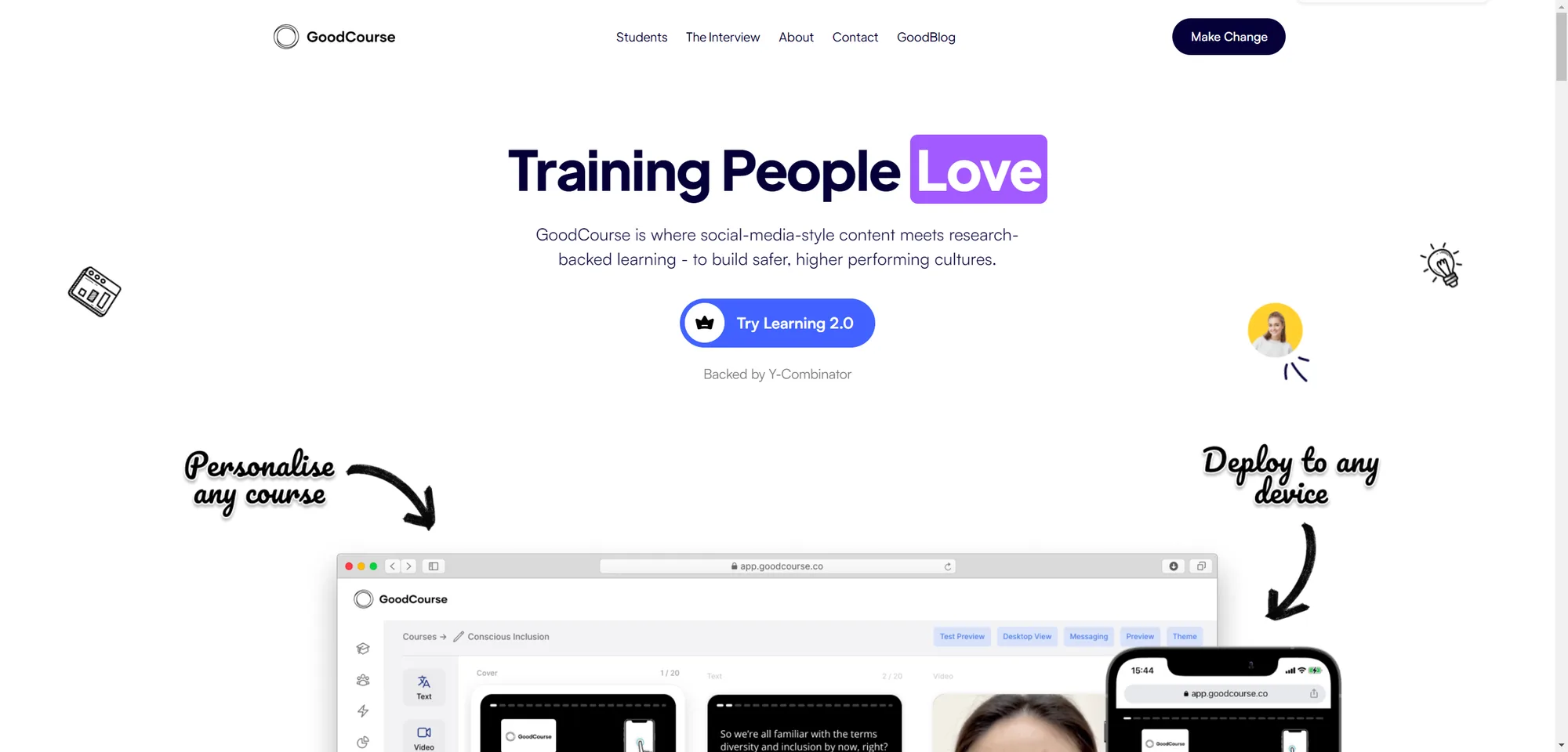 Homepage van GoodCourse, "Training People Love", met voorbeeld van de cursuseditor en mobiele weergave; Y-Combinator-backed