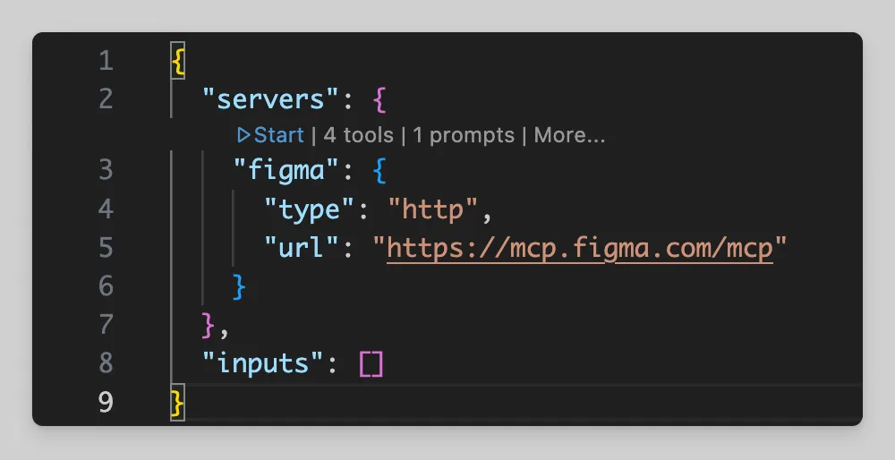 VS Code's mcp.json pointing at Figma's remote MCP server
