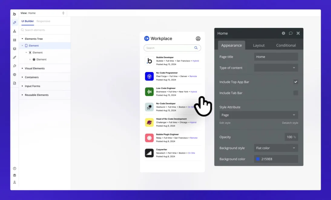 Der Bubble-Editor zeigt eine mobile App mit einer Liste von Stellenangeboten.