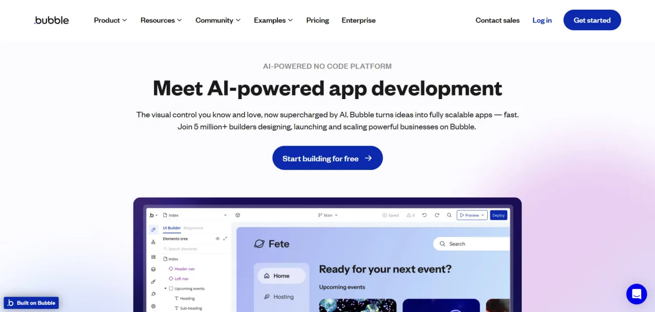 De Bubble-homepage met visuele appontwikkeling en de app-editor.