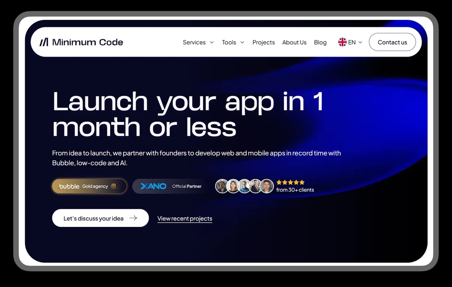 Minimum Code homepage hero: "Launch your app in 1 month or less", with Bubble Gold agency badge and a five-star rating from 30+ clients