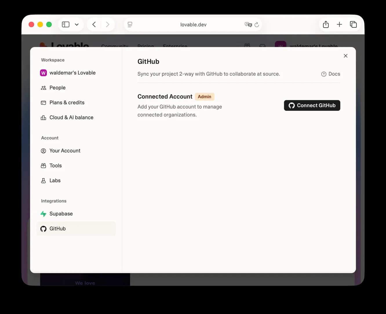 Lovable's GitHub settings with the Connect GitHub button