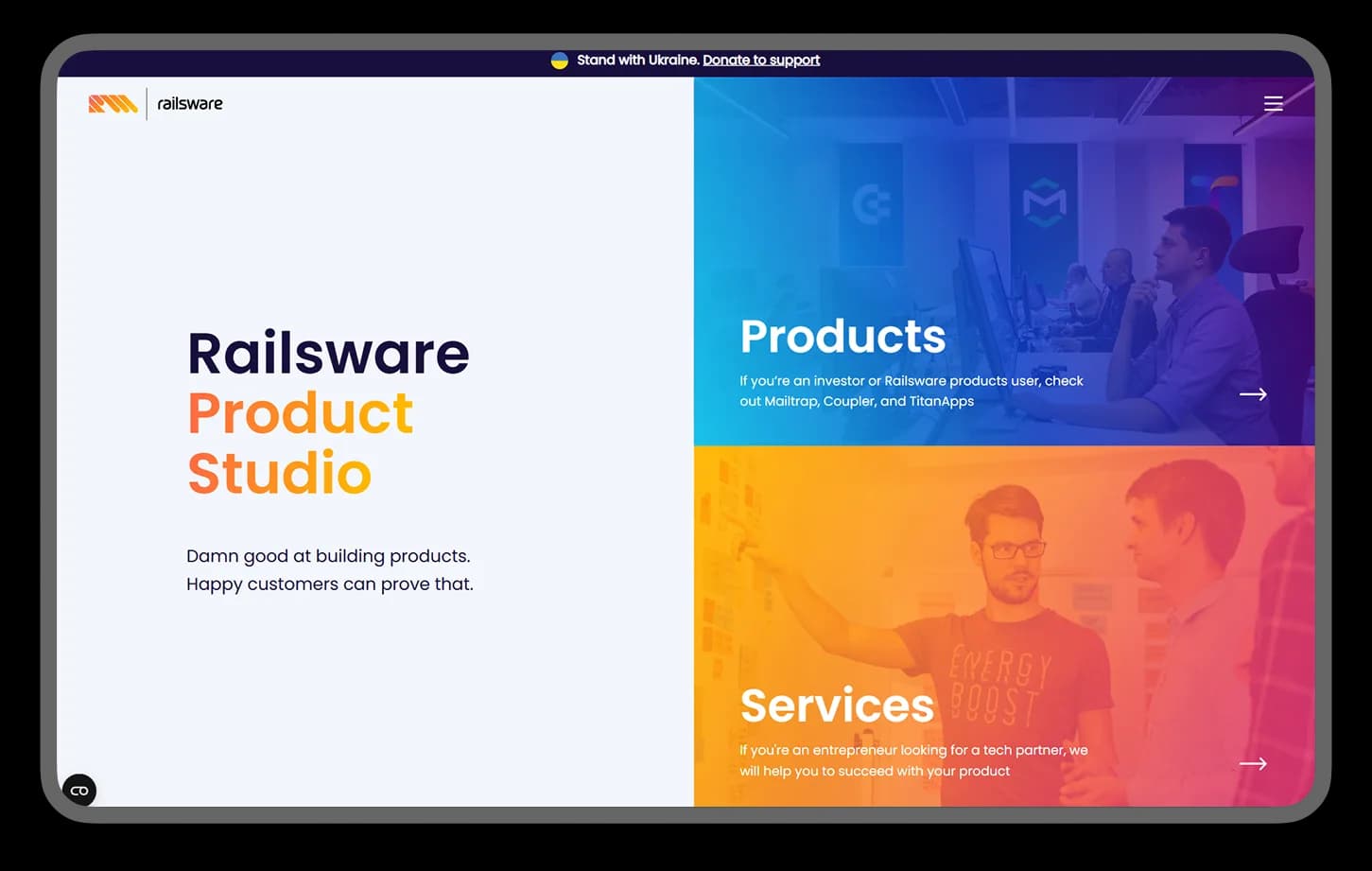 Railsware homepage: 'Railsware Product Studio' beside two panels, Products and Services, with team photos