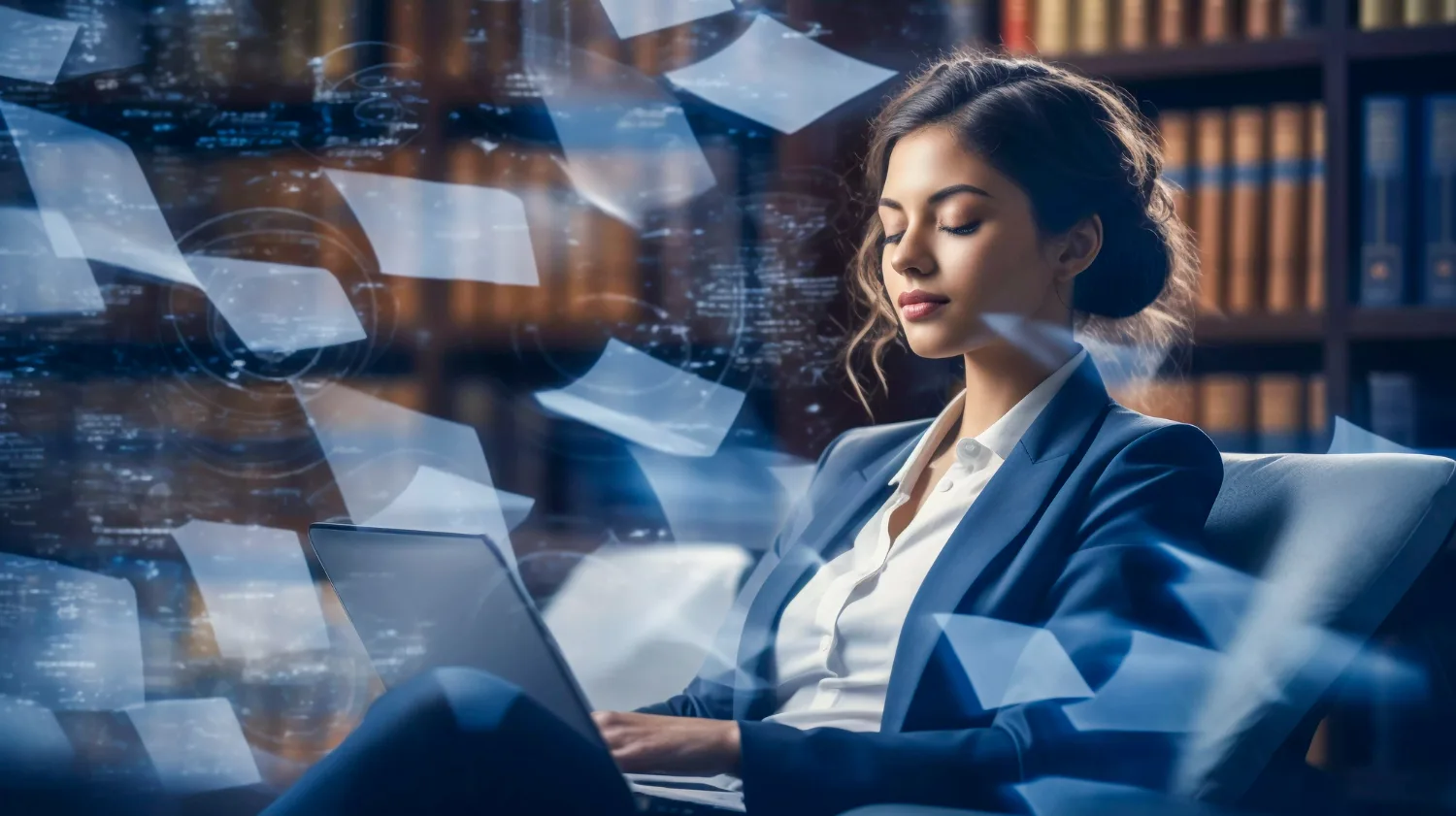 Woman working on a laptop in a library surrounded by floating translucent documents and data, illustrating research