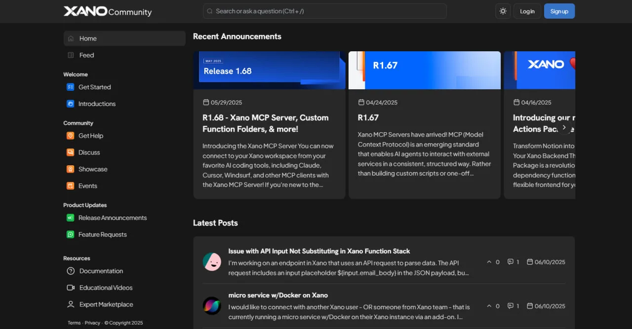 Community forum of a backend platform listing release announcements, an MCP server launch and the latest user questions
