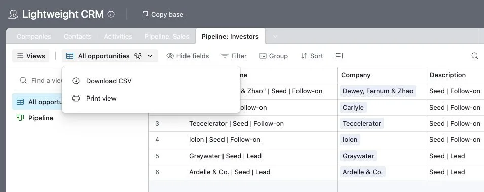 The view menu in Airtable with Download CSV and Print view