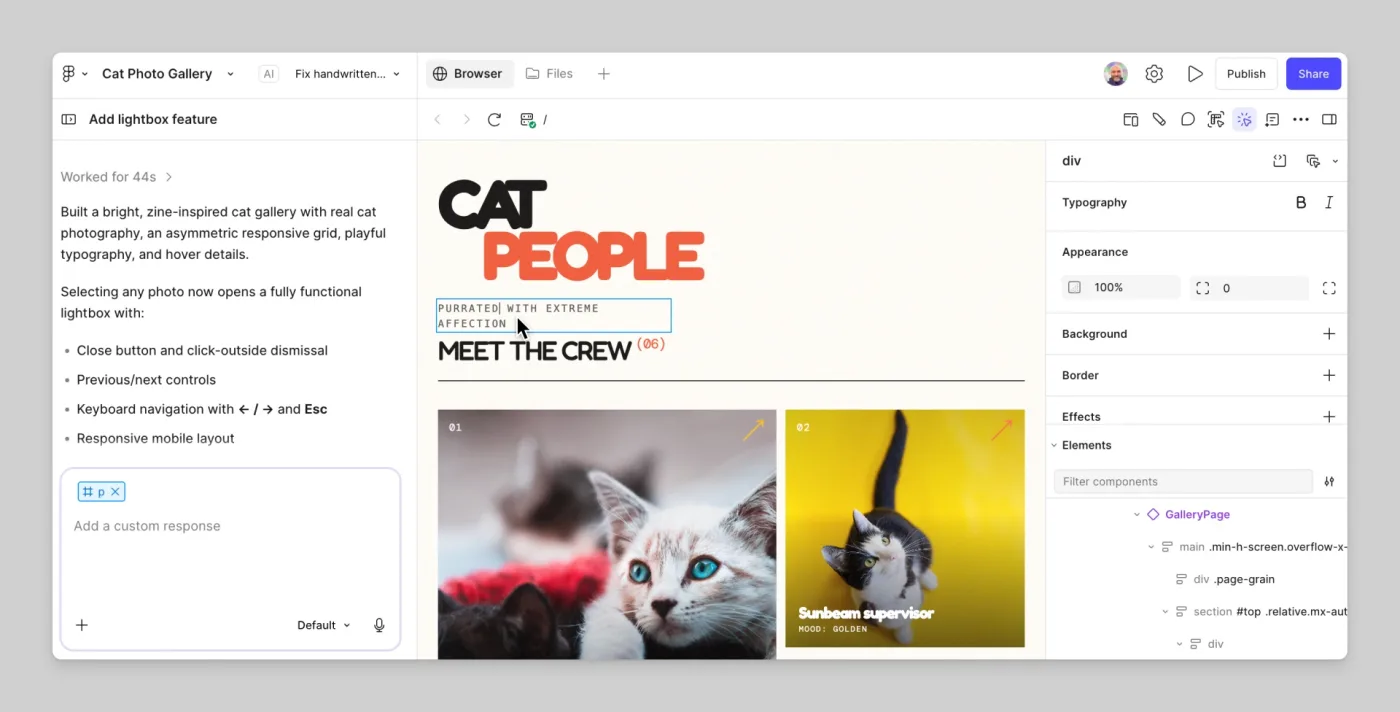 Figma Make with the chat on the left, a live app preview in the middle and the layer panel on the right