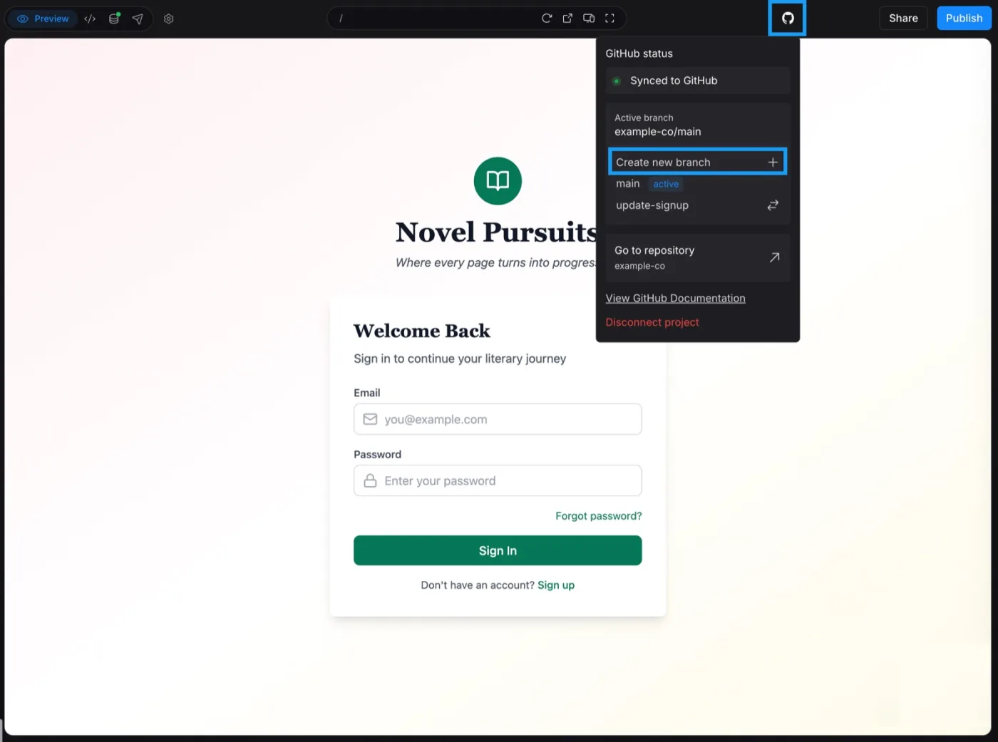 Bolt's GitHub menu showing Synced to GitHub, the active branch, Create new branch and Go to repository