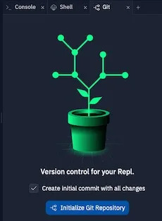 Replit's Git pane before a repository exists, with the Initialize Git Repository button